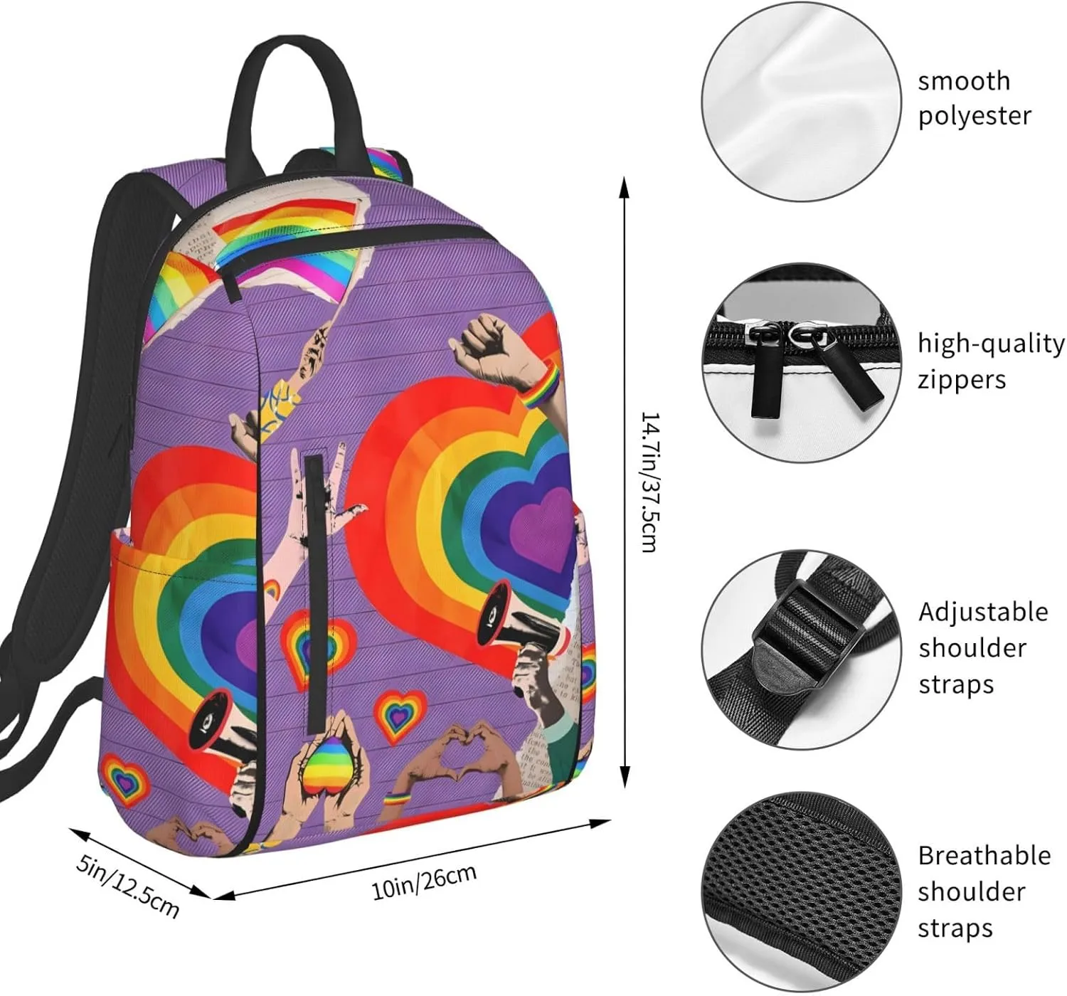 LGBT Rainbow Gay Pride Flag Hearts Love Travel Laptop Backpack Casual Backpacks Double Shoulder Daypack Notebook Rucksack Work Bags Sports Bag for Gym Hiking Camping Beach
