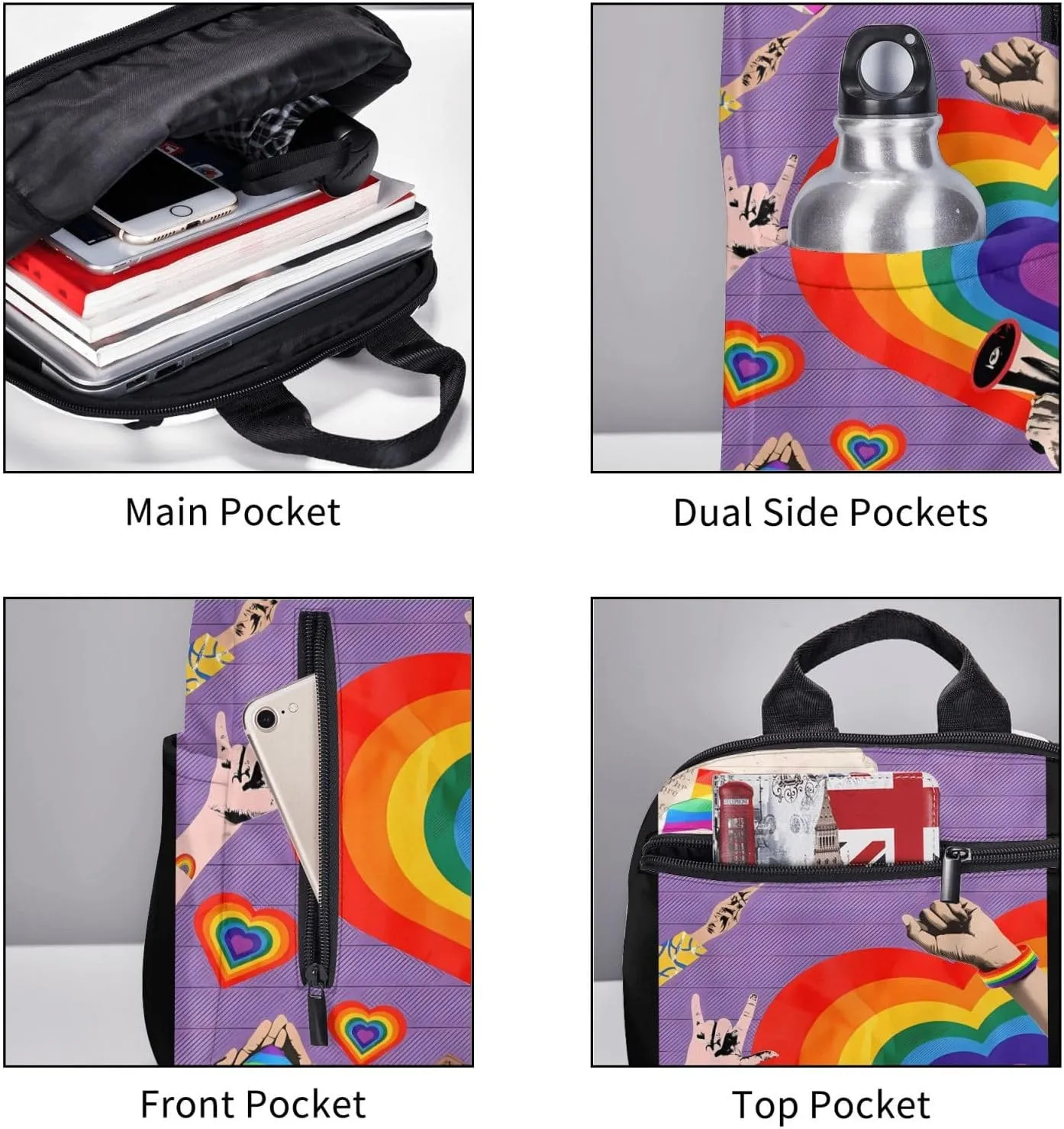 LGBT Rainbow Gay Pride Flag Hearts Love Travel Laptop Backpack Casual Backpacks Double Shoulder Daypack Notebook Rucksack Work Bags Sports Bag for Gym Hiking Camping Beach