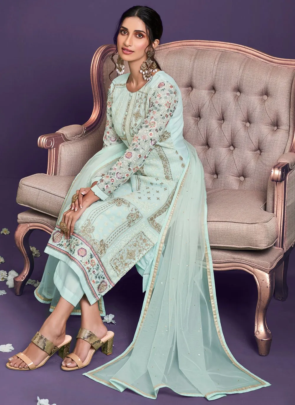 Light Blue Pakistani Style Georgette Embroidered Salwar Suit