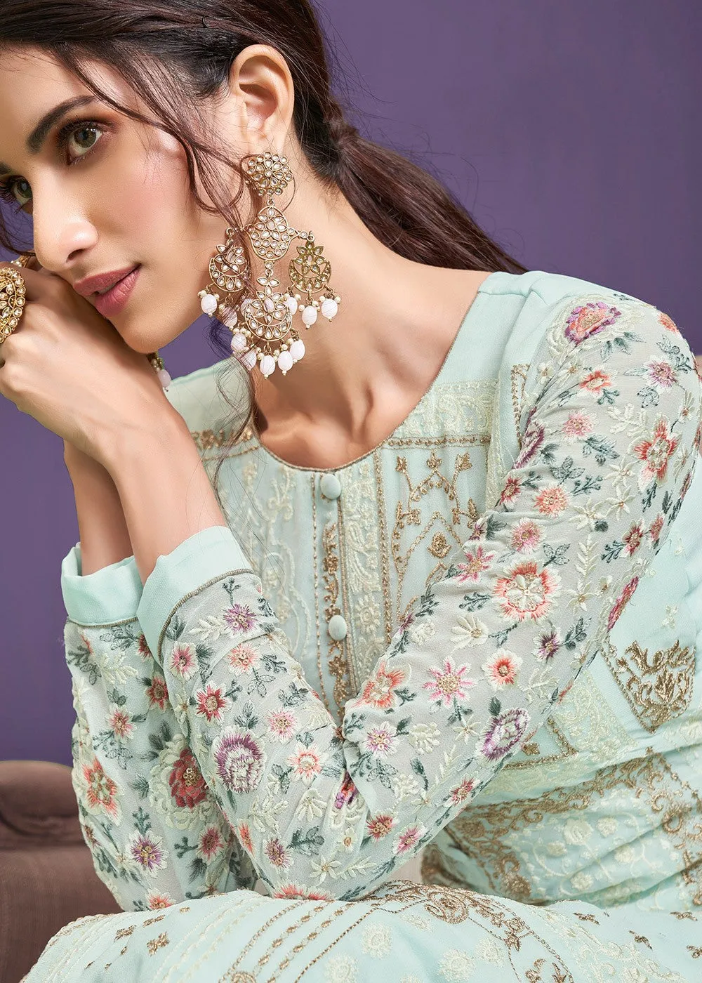 Light Blue Pakistani Style Georgette Embroidered Salwar Suit