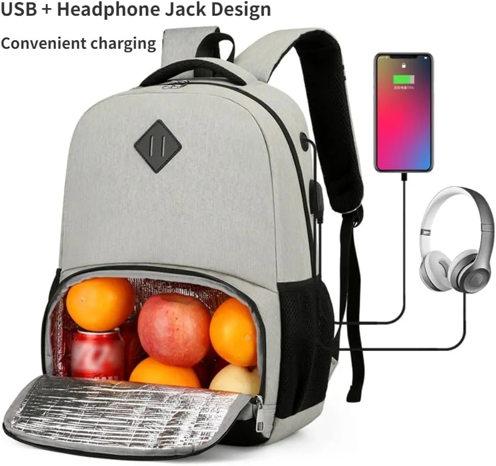 Lunch Backpack Laptop Backpack With Usb Port Work Backpack With Cooler Bag Insulated Laptop Bag (Black)