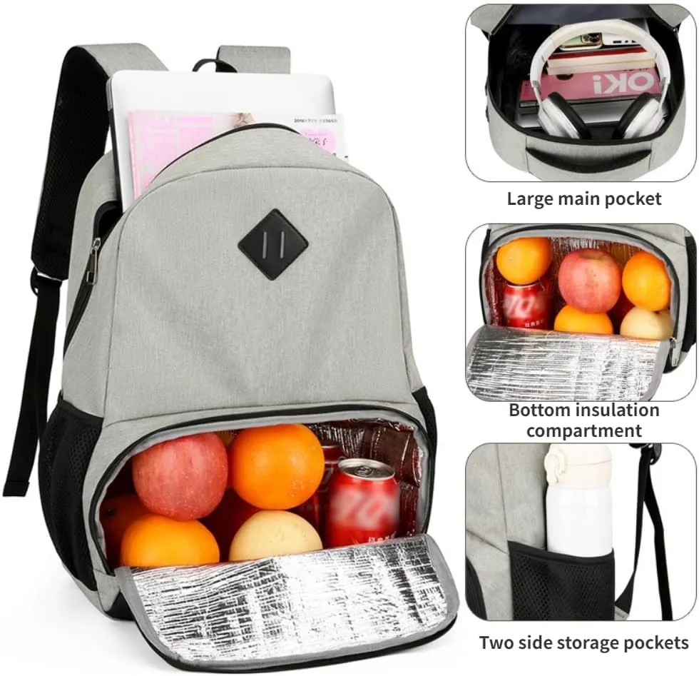 Lunch Backpack Laptop Backpack With Usb Port Work Backpack With Cooler Bag Insulated Laptop Bag (Black)