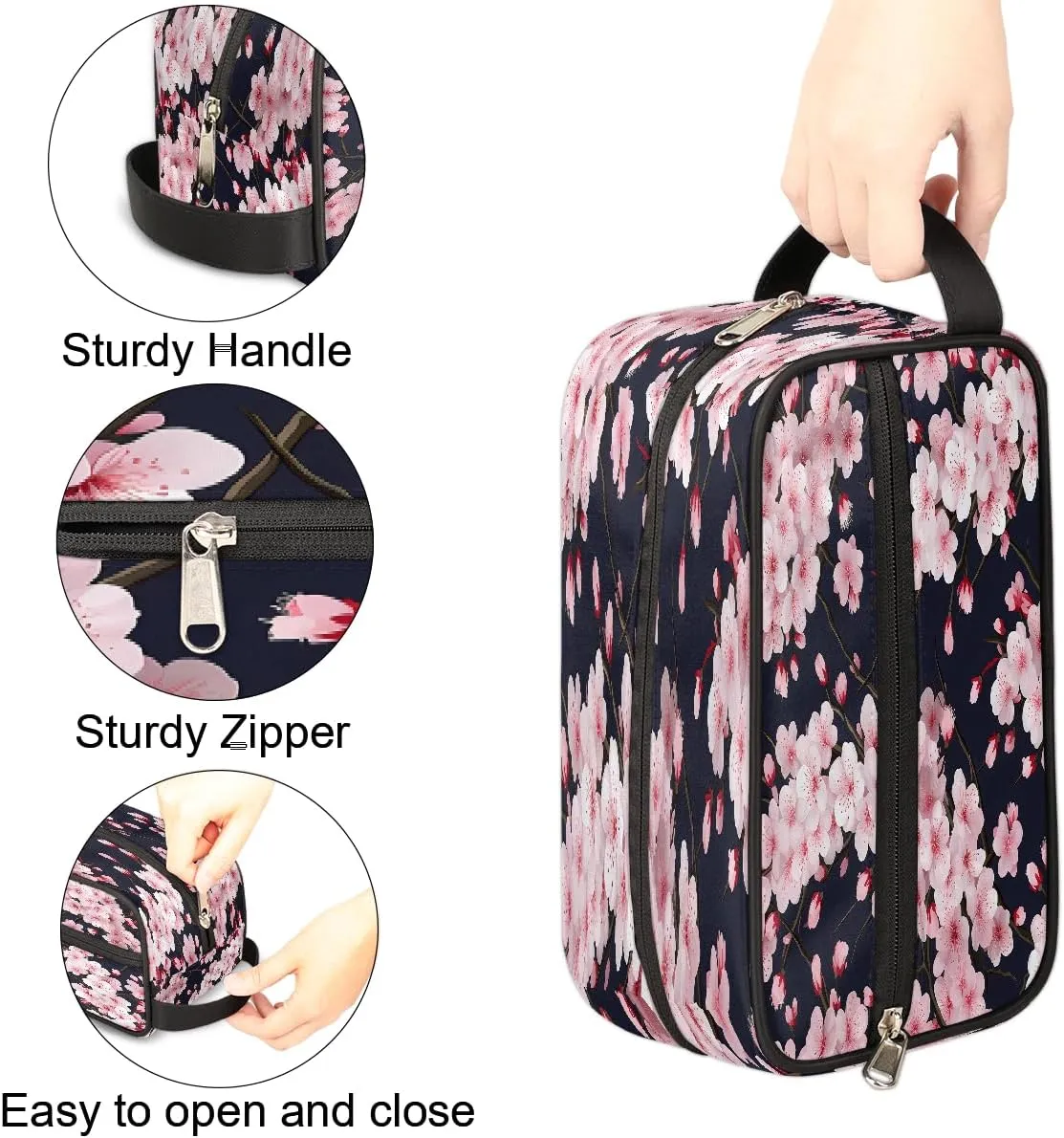 Makeup Bag for Women Men, Cherry Blossom Floral Japanese Flower Travel Cosmetic Organizer with Handle, Toiletry Bag for Cosmetics, Portable Zippered Makeup Pouch