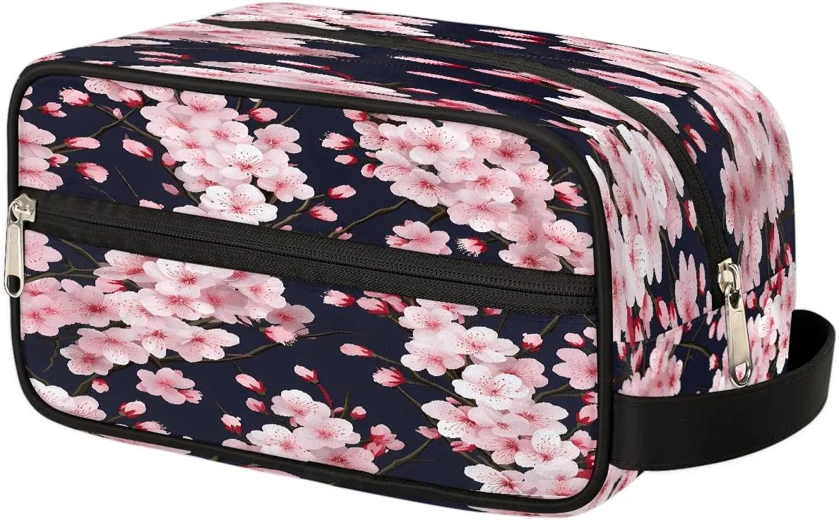 Makeup Bag for Women Men, Cherry Blossom Floral Japanese Flower Travel Cosmetic Organizer with Handle, Toiletry Bag for Cosmetics, Portable Zippered Makeup Pouch
