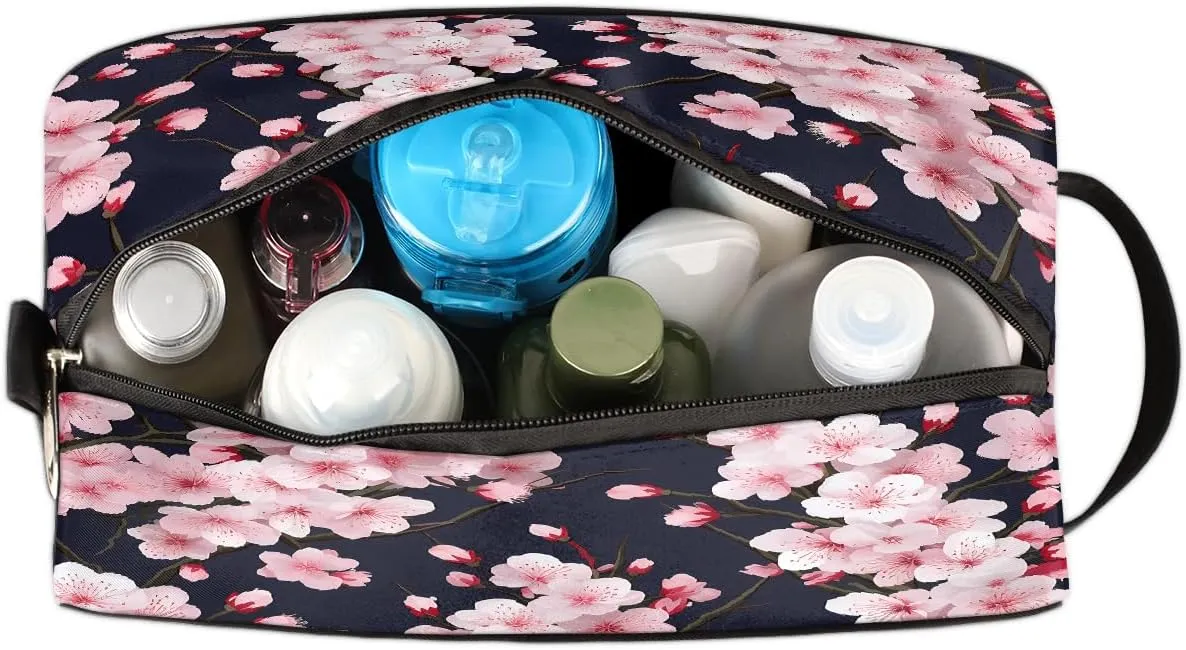 Makeup Bag for Women Men, Cherry Blossom Floral Japanese Flower Travel Cosmetic Organizer with Handle, Toiletry Bag for Cosmetics, Portable Zippered Makeup Pouch