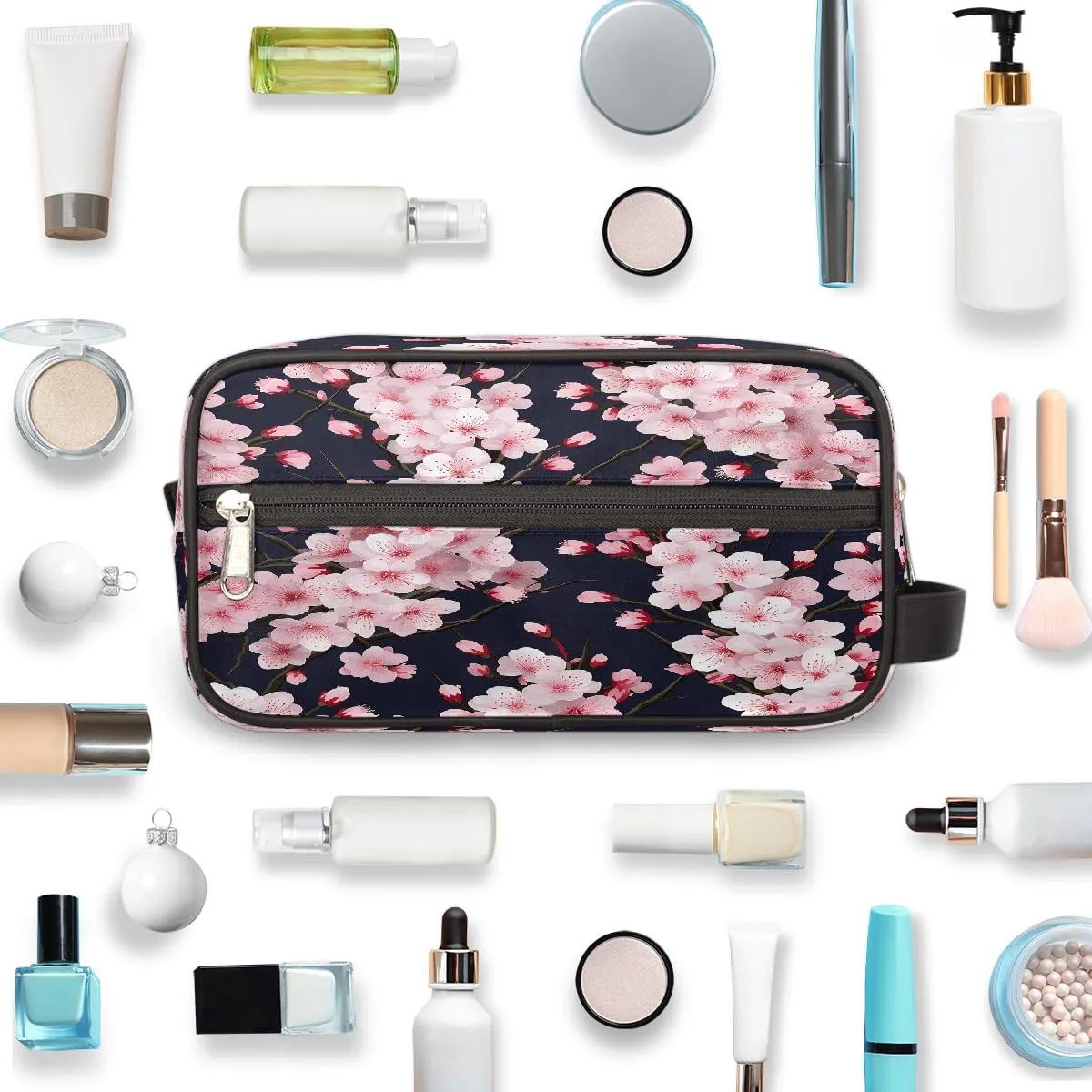 Makeup Bag for Women Men, Cherry Blossom Floral Japanese Flower Travel Cosmetic Organizer with Handle, Toiletry Bag for Cosmetics, Portable Zippered Makeup Pouch