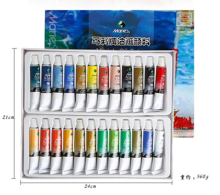 MARIES 24-Piece Oil Paint Set, 12ml Tubes, Rich Pigment Colors, Model No. O-2024B