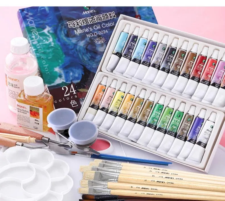 MARIES 24-Piece Oil Paint Set, 12ml Tubes, Rich Pigment Colors, Model No. O-2024B