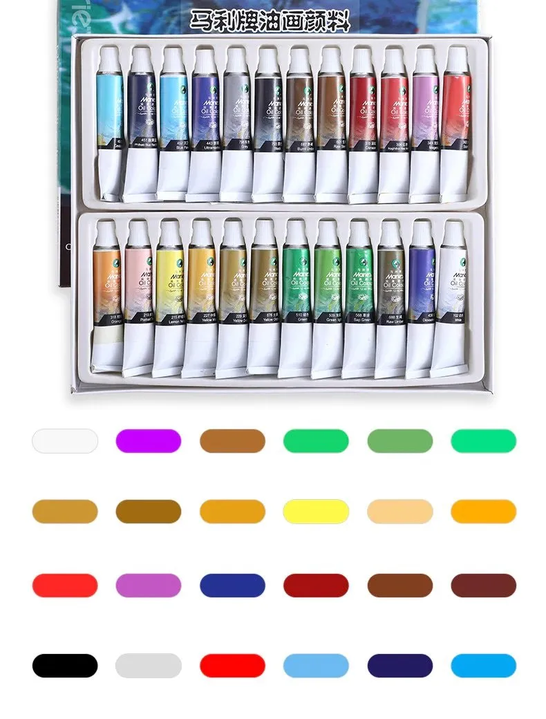 MARIES 24-Piece Oil Paint Set, 12ml Tubes, Rich Pigment Colors, Model No. O-2024B
