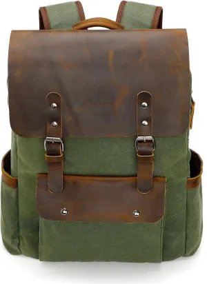 Modoker Waxed Canvas Backpack, Leather Rucksack Knapsack for Men Woman Vintage Travel Laptop Backpack 15.6 Inch Satchel Backpack, Retro Flap Backpacks Canvas Casual Daypack, Green