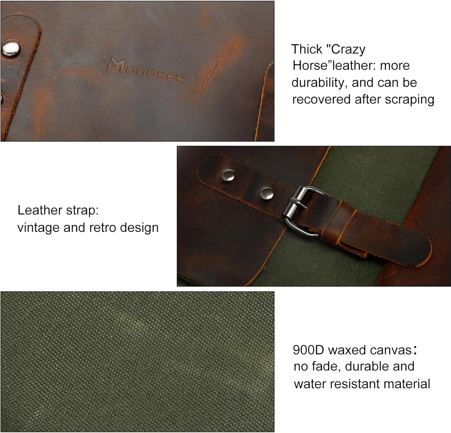 Modoker Waxed Canvas Backpack, Leather Rucksack Knapsack for Men Woman Vintage Travel Laptop Backpack 15.6 Inch Satchel Backpack, Retro Flap Backpacks Canvas Casual Daypack, Green