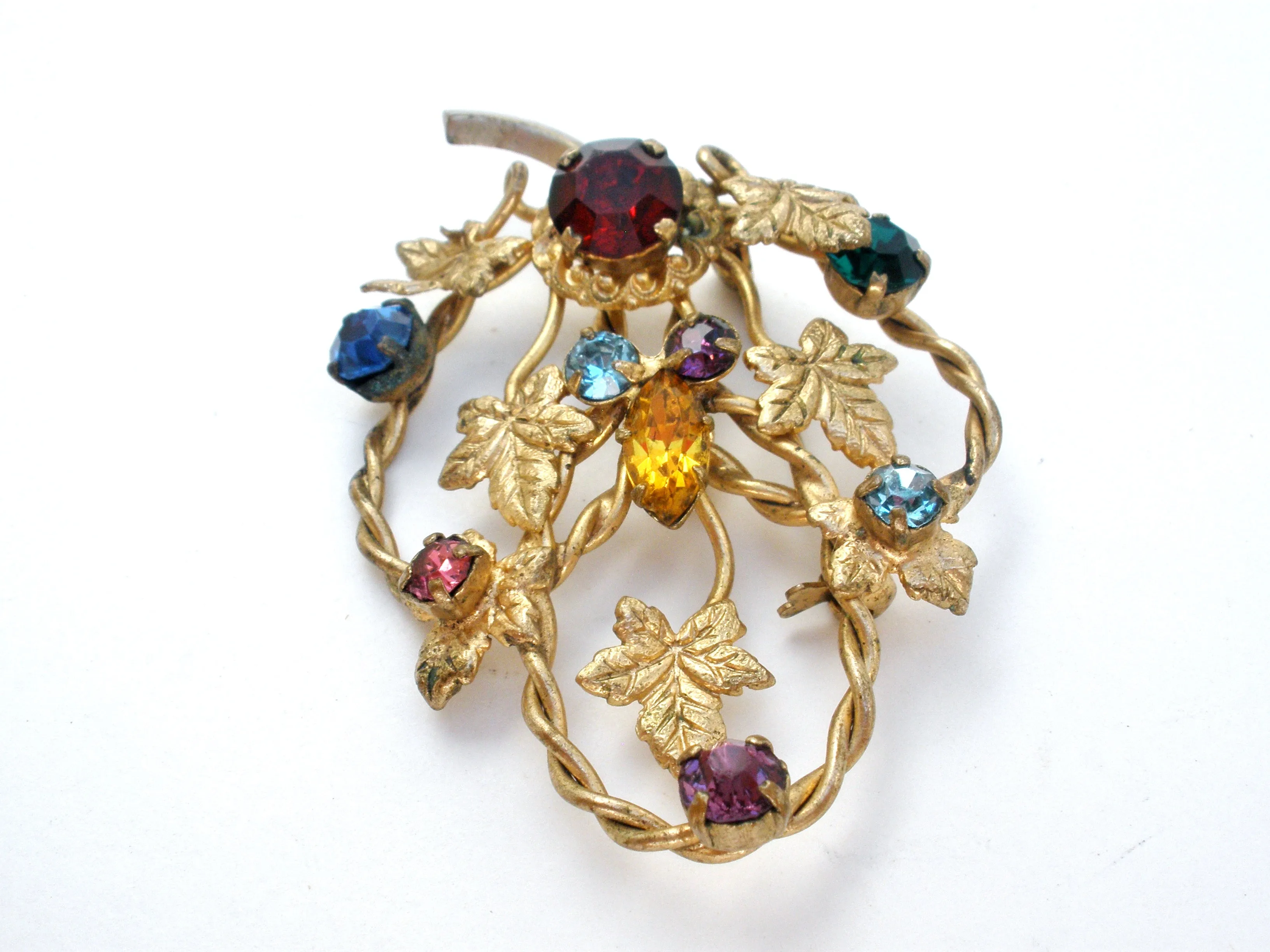 Multi Color Rhinestone Leaf Brooch Vintage