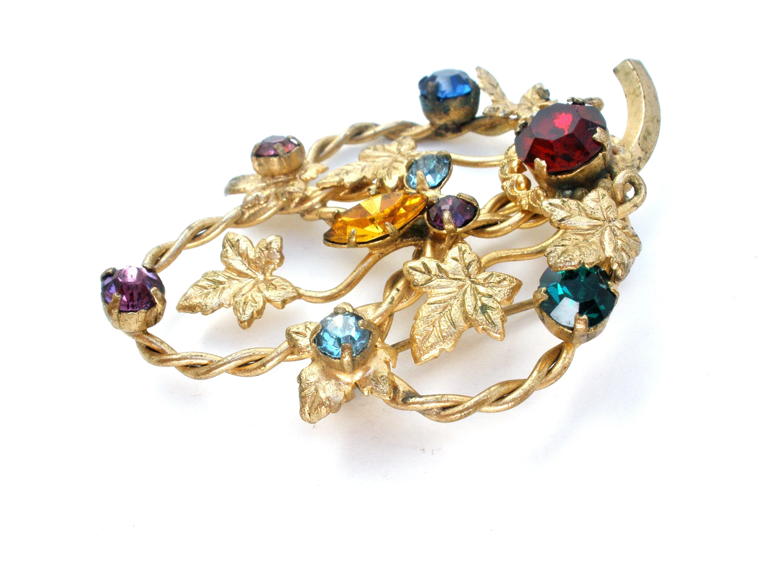 Multi Color Rhinestone Leaf Brooch Vintage