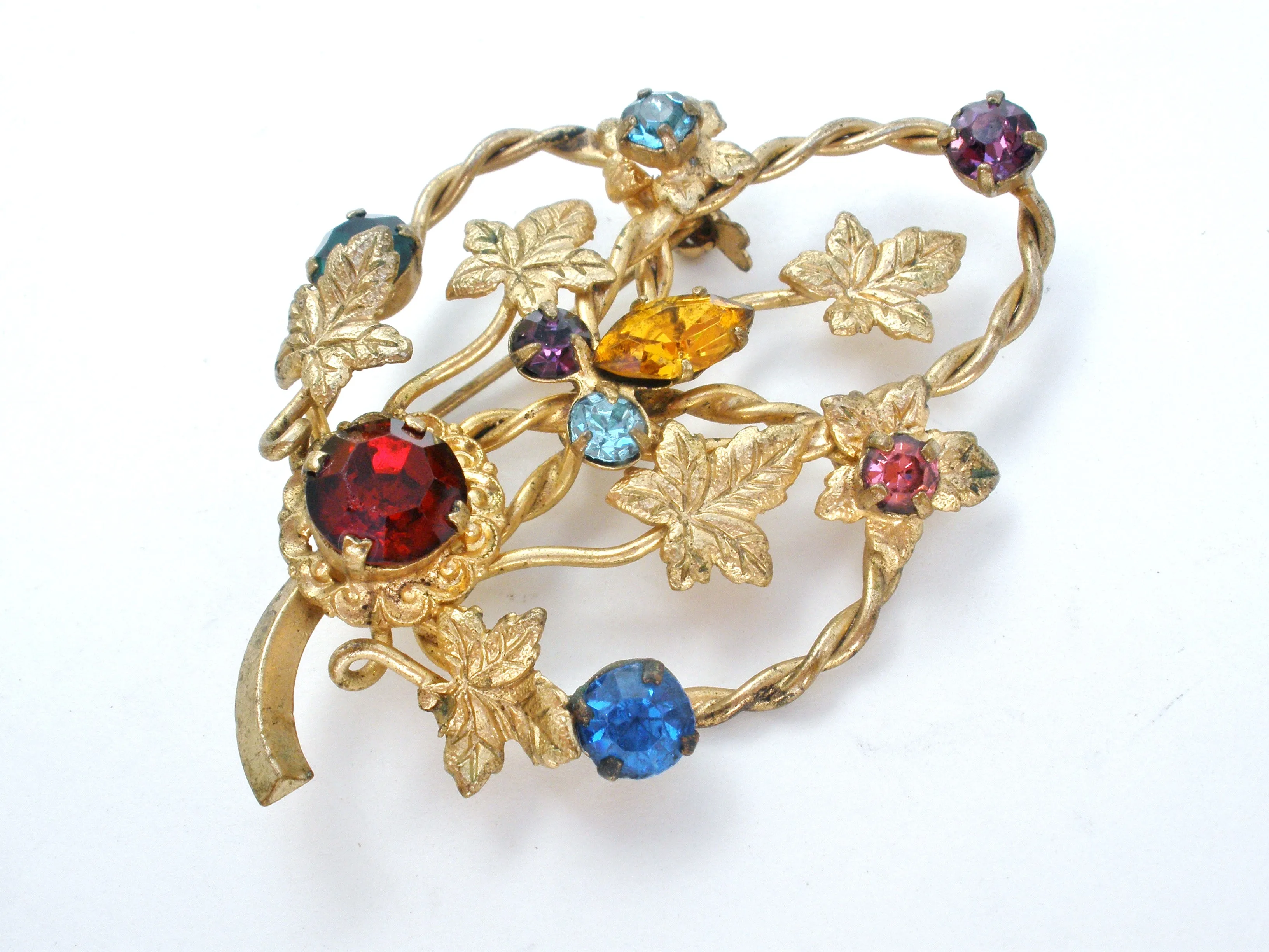 Multi Color Rhinestone Leaf Brooch Vintage