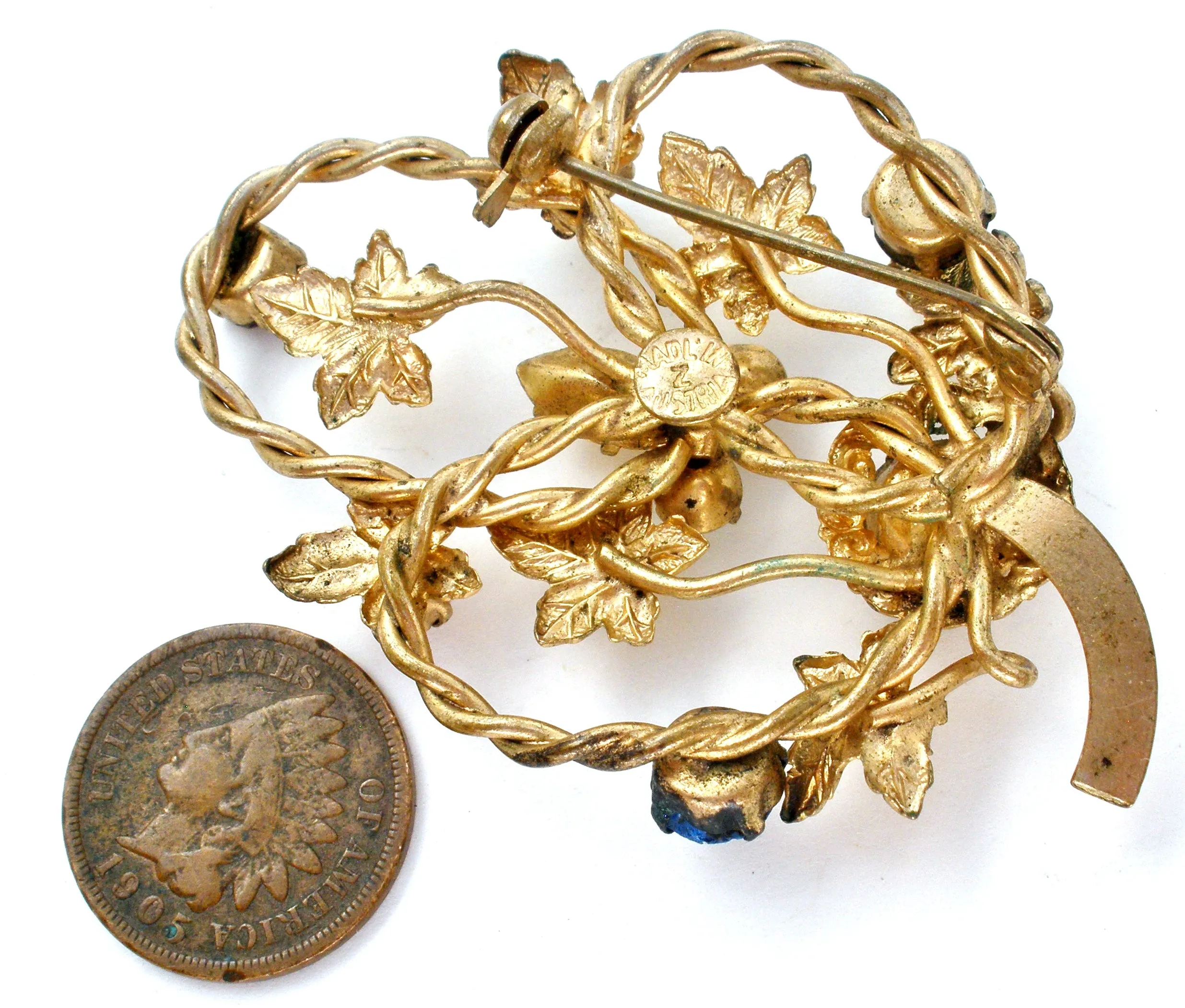 Multi Color Rhinestone Leaf Brooch Vintage