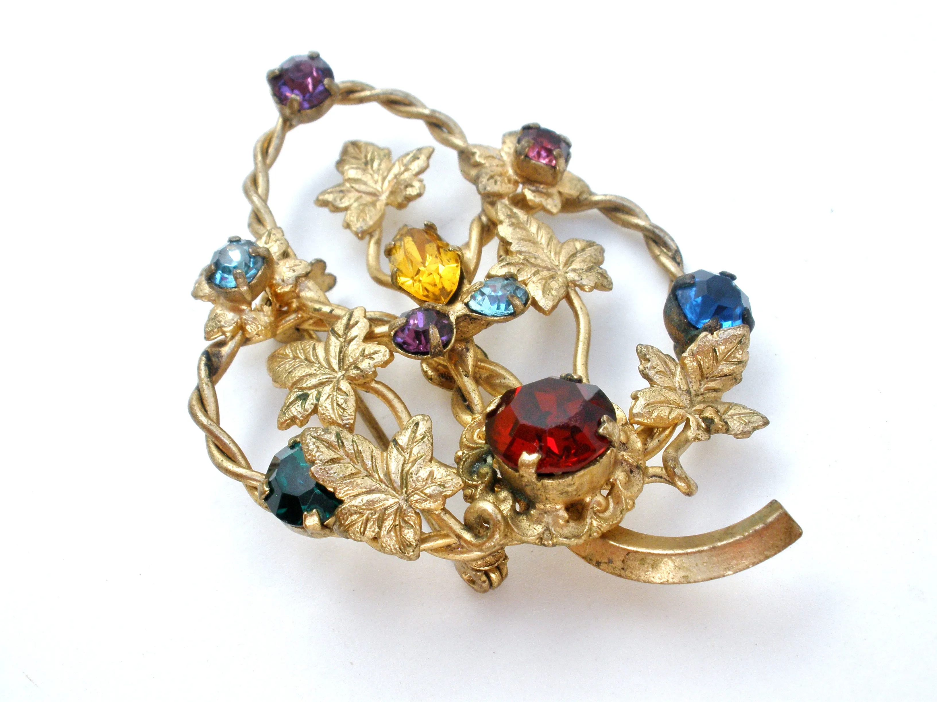 Multi Color Rhinestone Leaf Brooch Vintage
