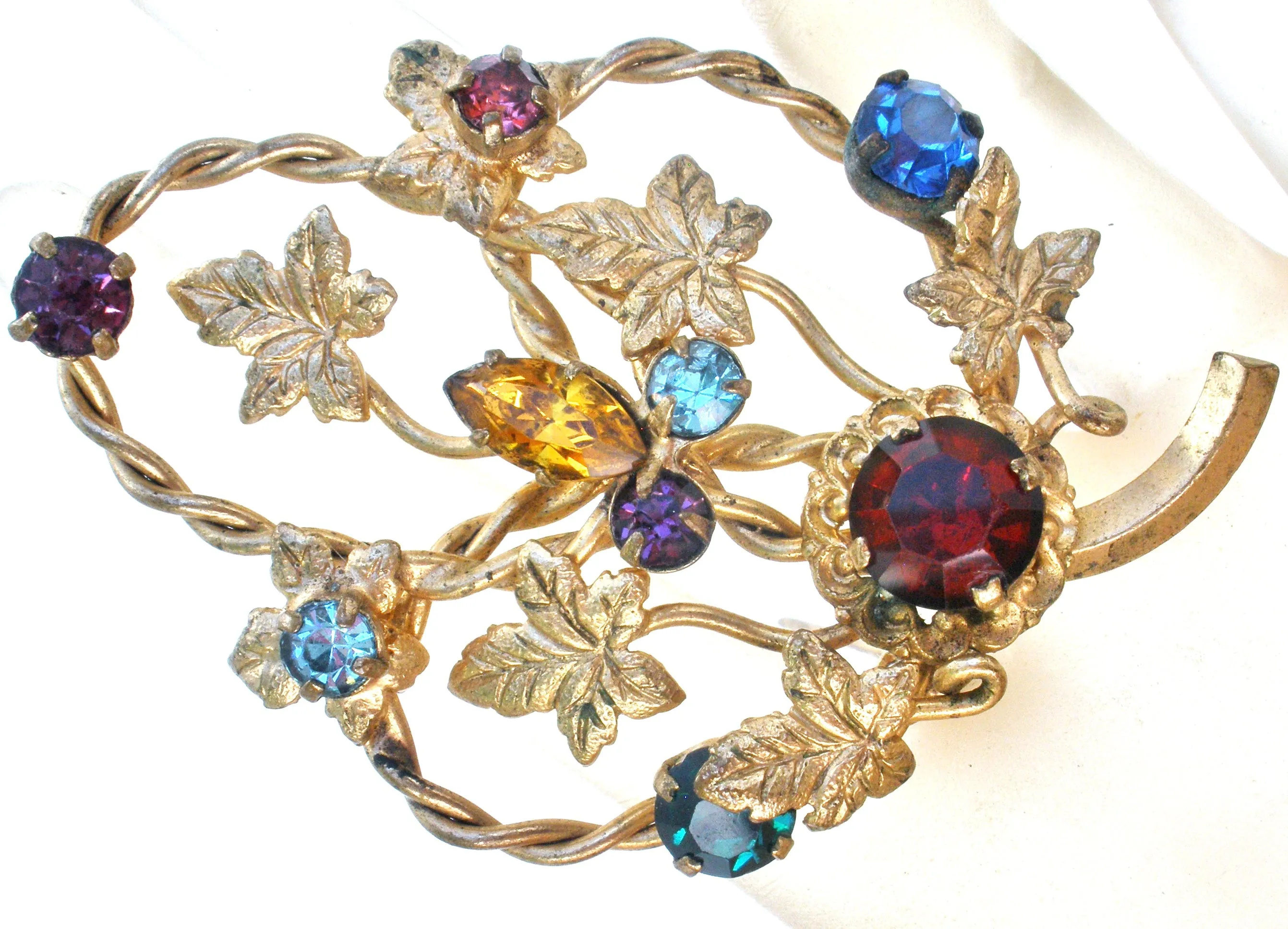 Multi Color Rhinestone Leaf Brooch Vintage
