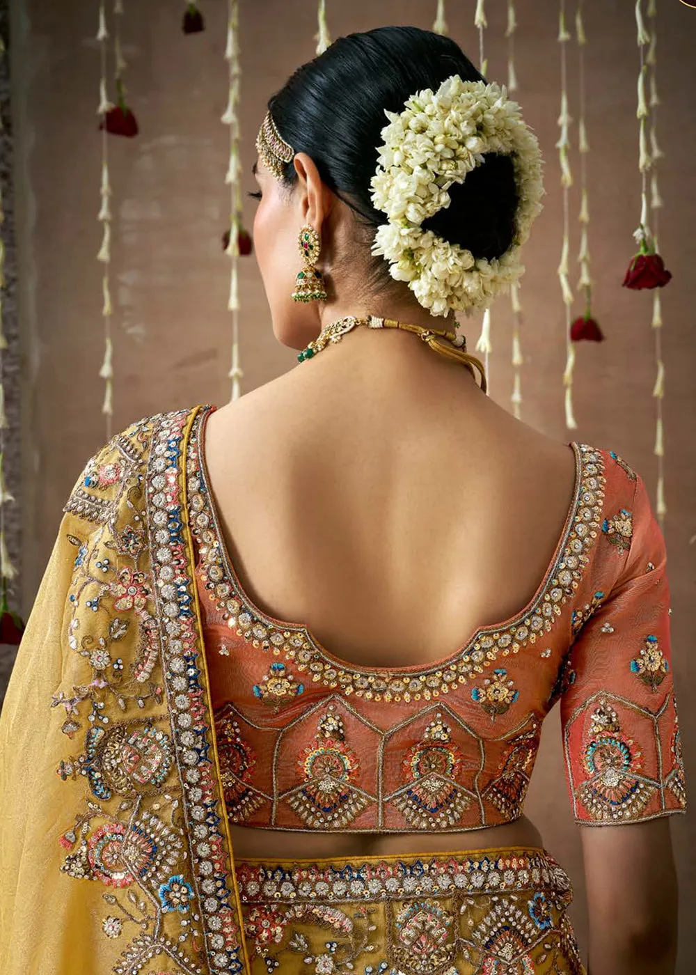 Mustard Embroidered Silk Wedding Wear Saree