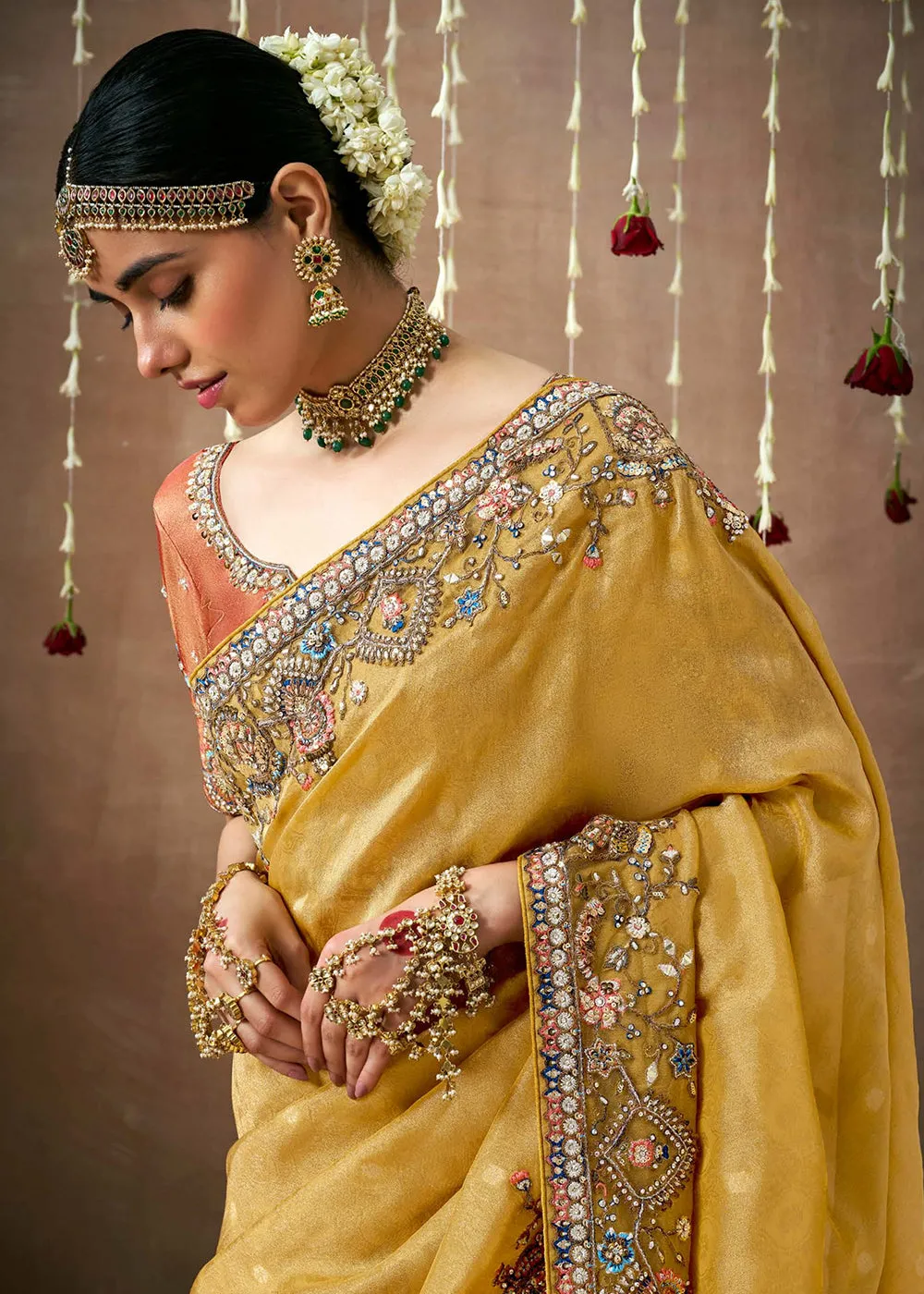 Mustard Embroidered Silk Wedding Wear Saree