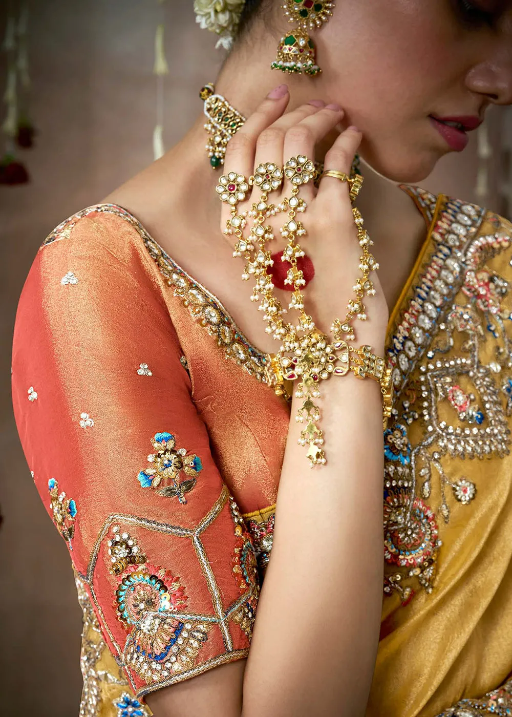 Mustard Embroidered Silk Wedding Wear Saree