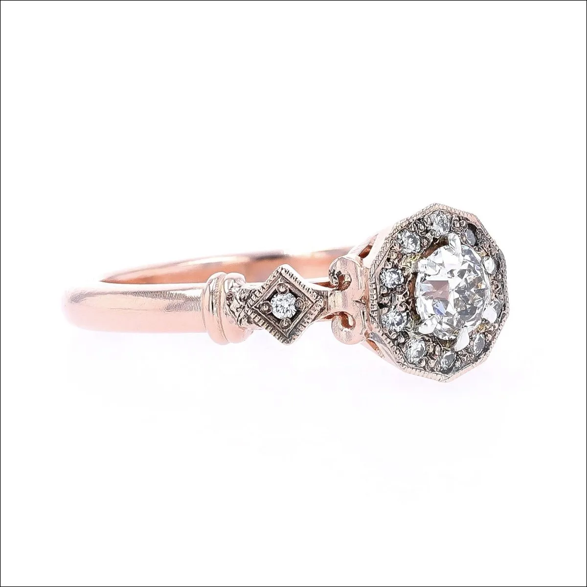 Old European Cut Diamond Vintage Style Halo Engagement Ring 14K Rose