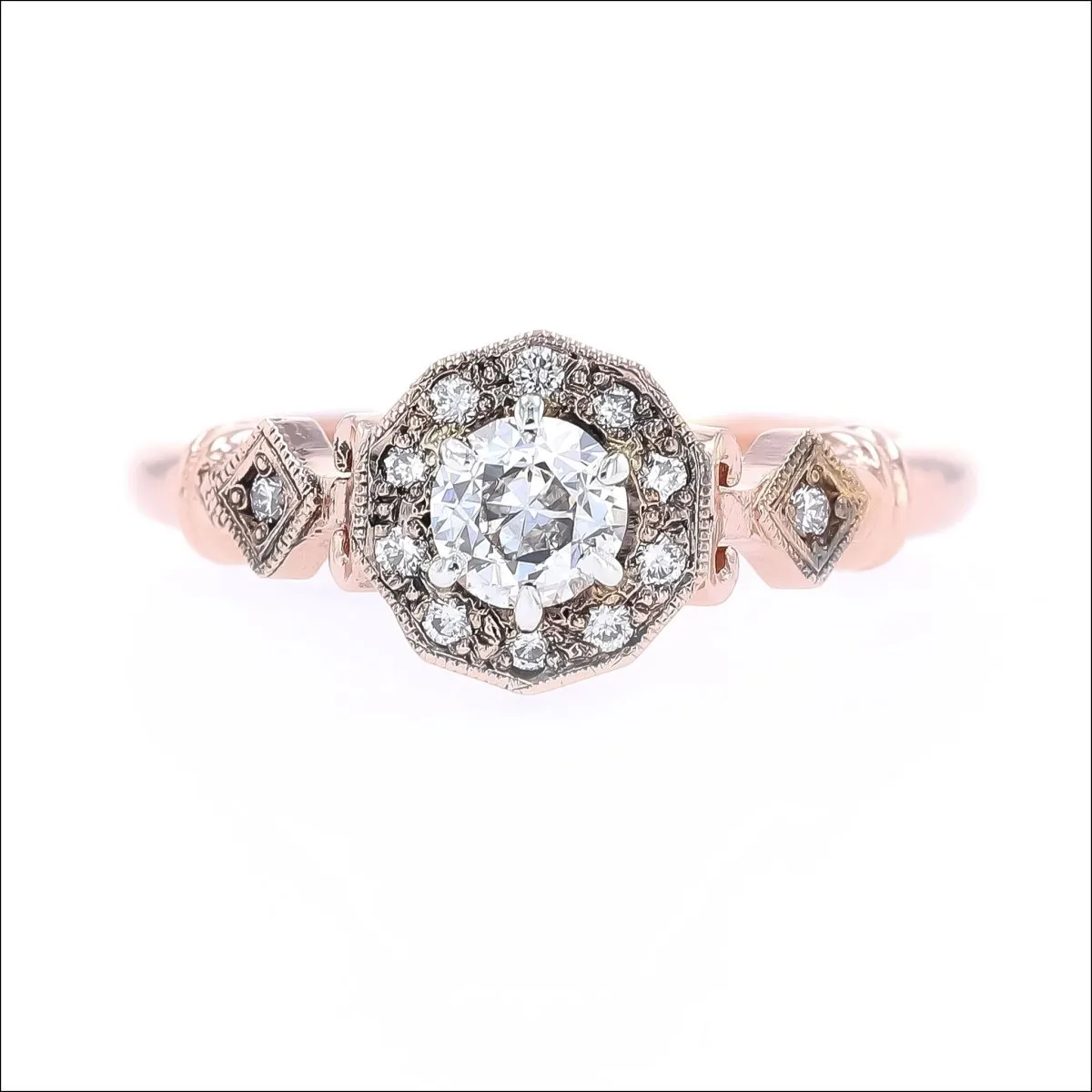 Old European Cut Diamond Vintage Style Halo Engagement Ring 14K Rose
