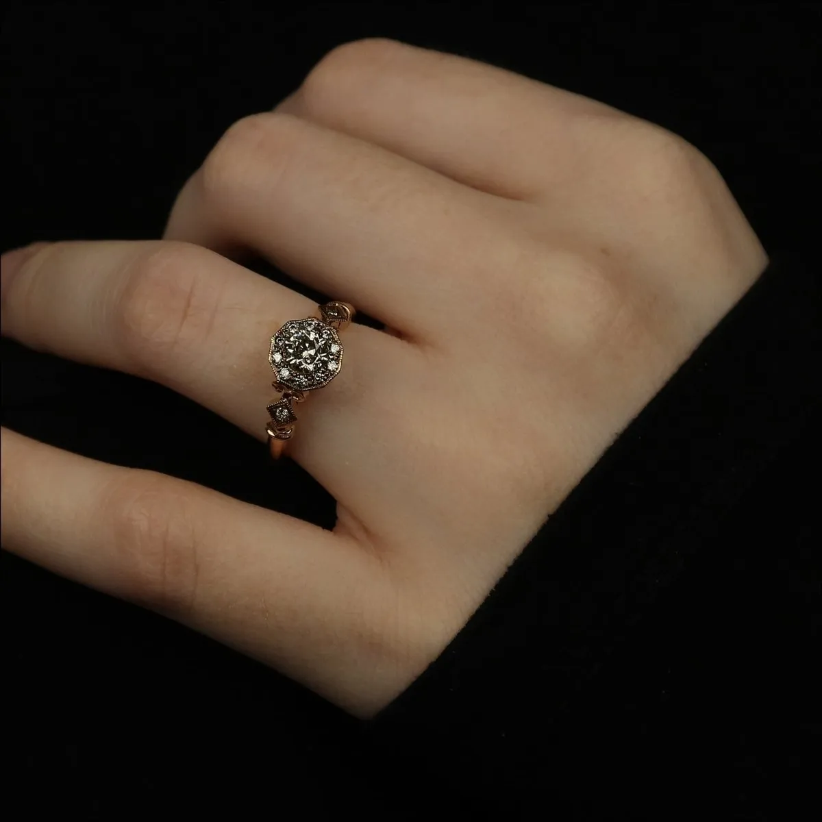 Old European Cut Diamond Vintage Style Halo Engagement Ring 14K Rose