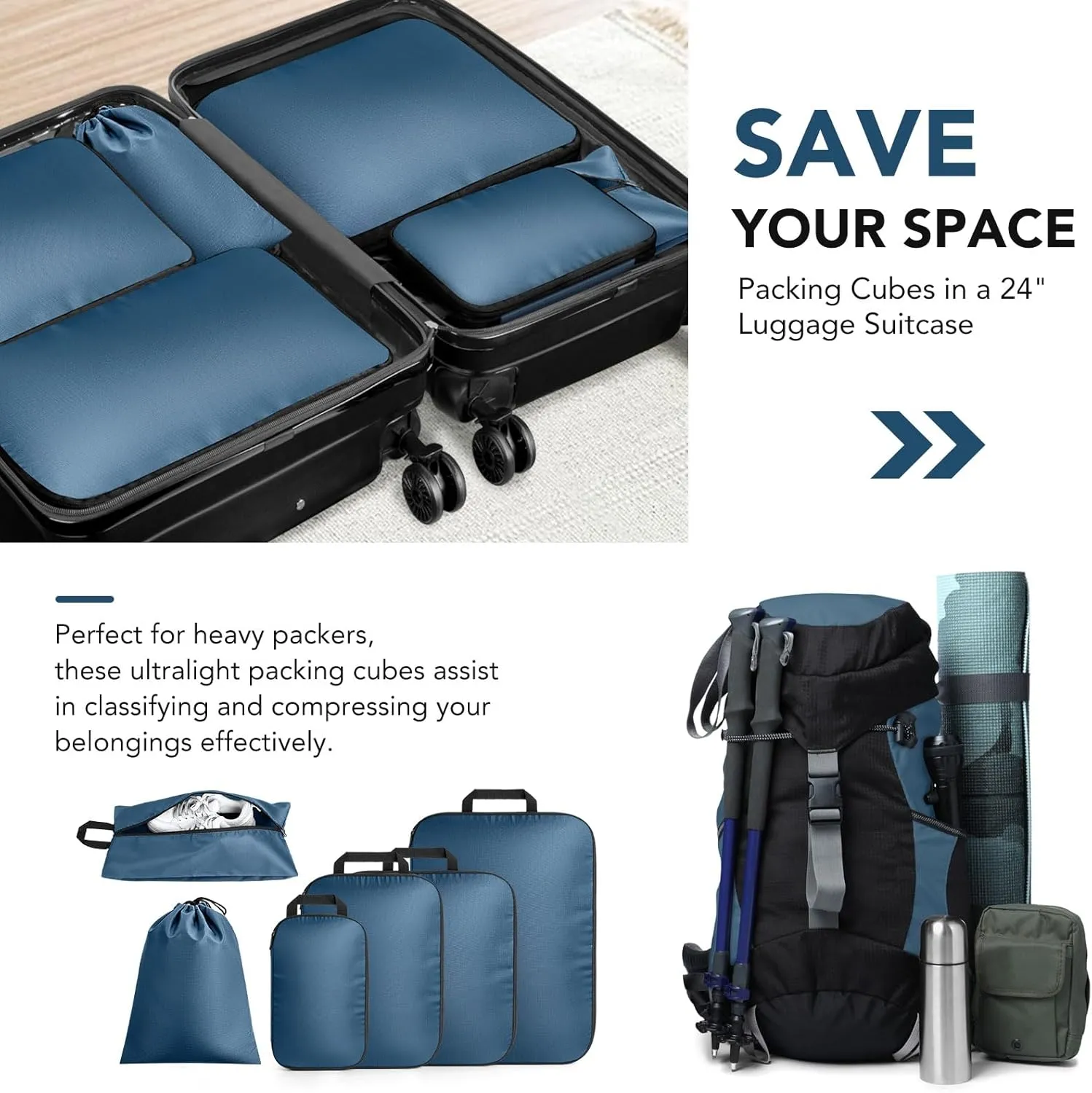 Packing Cubes for Travel - 6 Set Lightweight Compression Bags, Luggage Suitcase Organizer Essentials, Expandable Accessories for Carry-on Suitcases, Navy Blue