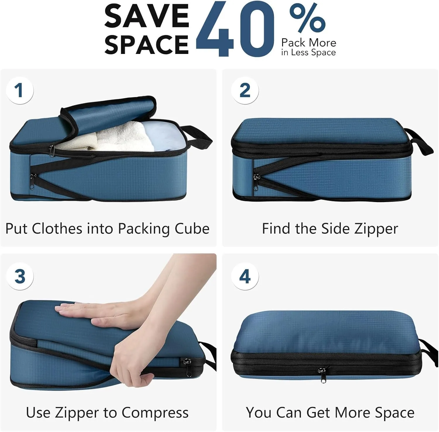 Packing Cubes for Travel - 6 Set Lightweight Compression Bags, Luggage Suitcase Organizer Essentials, Expandable Accessories for Carry-on Suitcases, Navy Blue