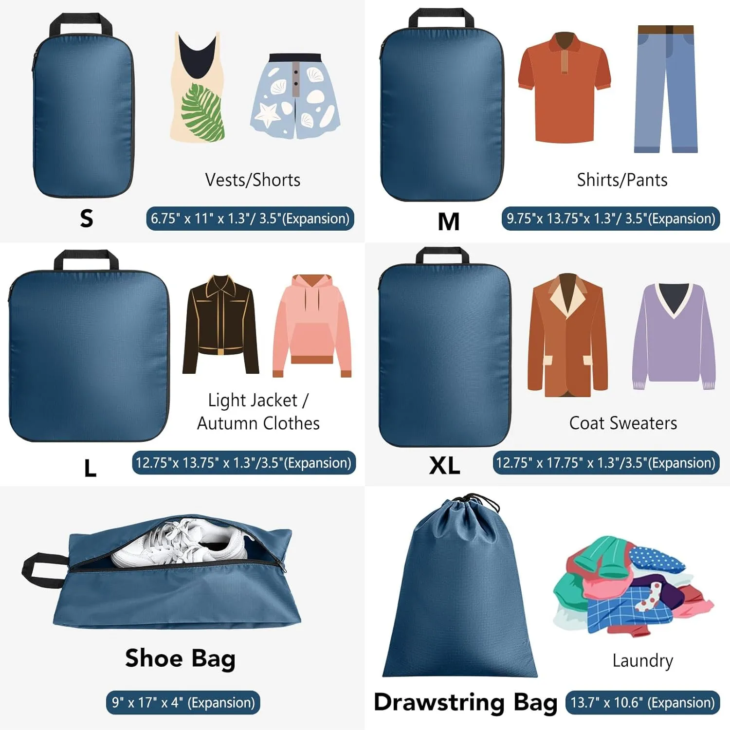 Packing Cubes for Travel - 6 Set Lightweight Compression Bags, Luggage Suitcase Organizer Essentials, Expandable Accessories for Carry-on Suitcases, Navy Blue