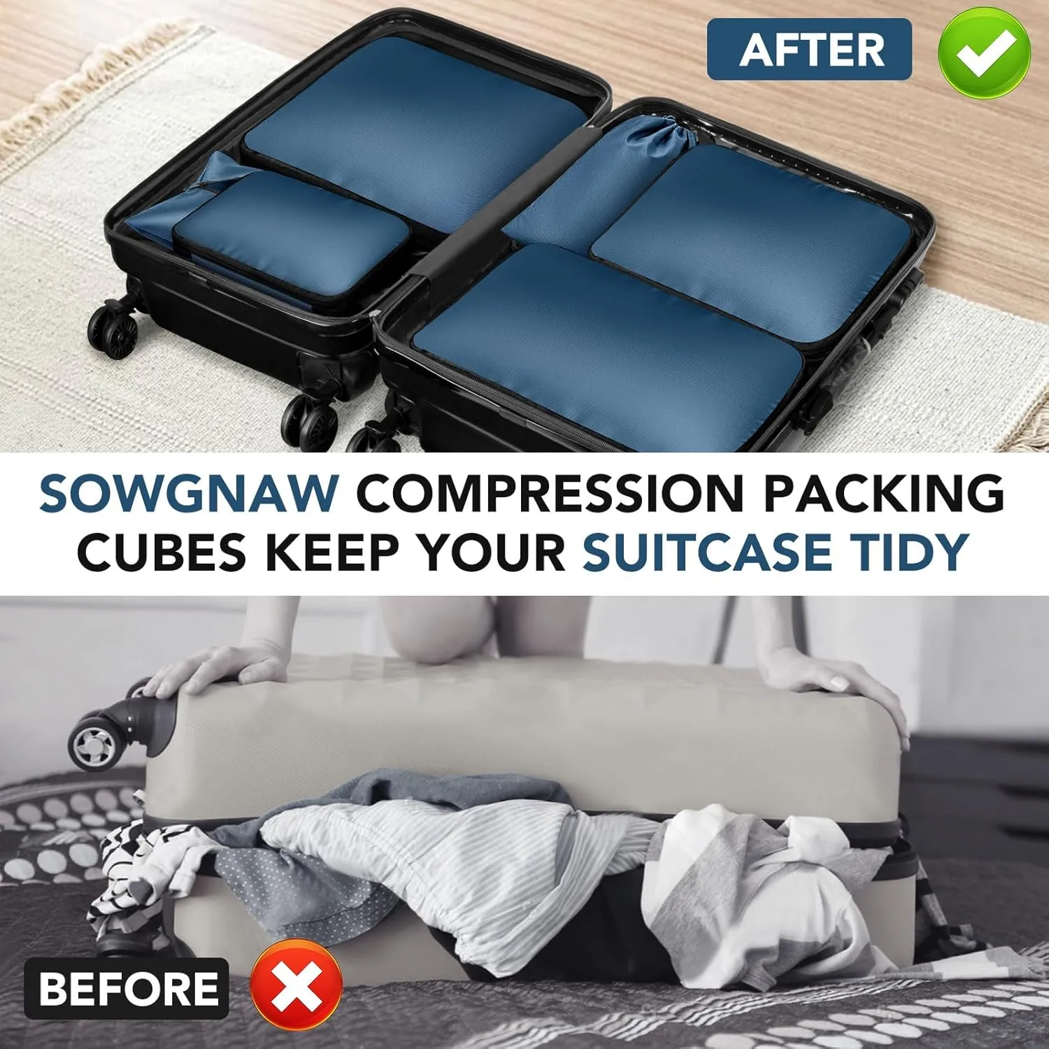 Packing Cubes for Travel - 6 Set Lightweight Compression Bags, Luggage Suitcase Organizer Essentials, Expandable Accessories for Carry-on Suitcases, Navy Blue