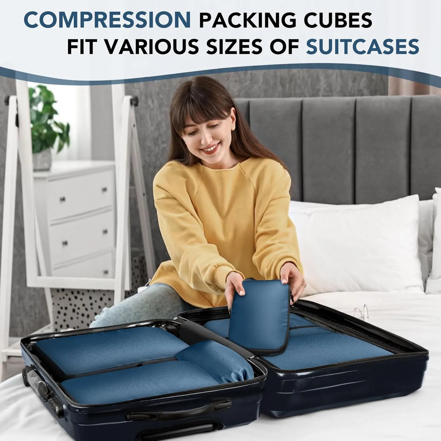Packing Cubes for Travel - 6 Set Lightweight Compression Bags, Luggage Suitcase Organizer Essentials, Expandable Accessories for Carry-on Suitcases, Navy Blue