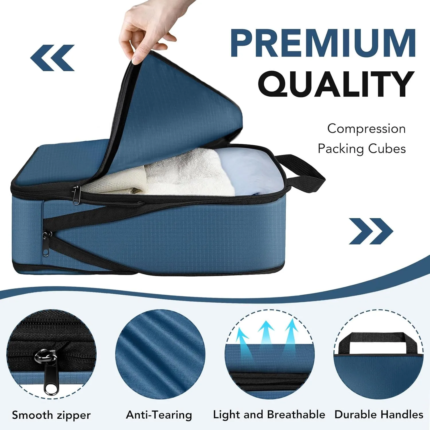 Packing Cubes for Travel - 6 Set Lightweight Compression Bags, Luggage Suitcase Organizer Essentials, Expandable Accessories for Carry-on Suitcases, Navy Blue