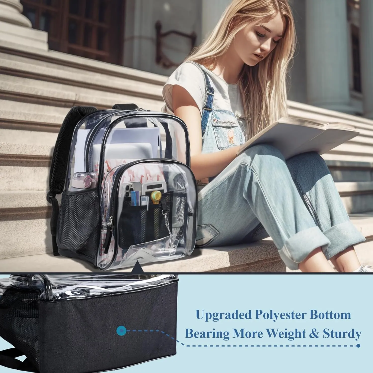 PACKISM Clear Backpack - 17 inch Large Clear Backpacks for School, Heavy Duty Clear Bookbag for Student Boys and Girls, Transparent PVC See Through Backpack for College Work, Black (for age 12 above)