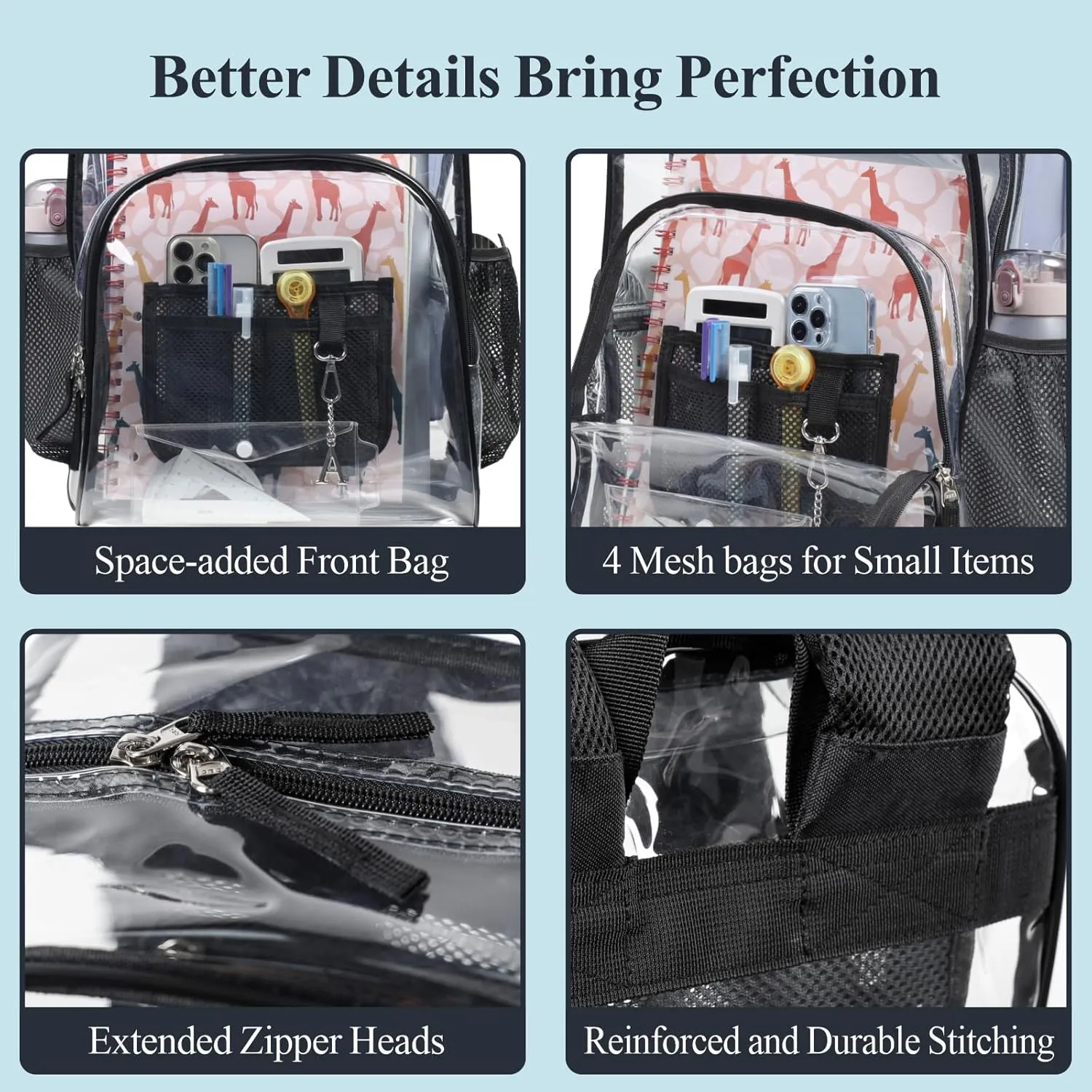 PACKISM Clear Backpack - 17 inch Large Clear Backpacks for School, Heavy Duty Clear Bookbag for Student Boys and Girls, Transparent PVC See Through Backpack for College Work, Black (for age 12 above)