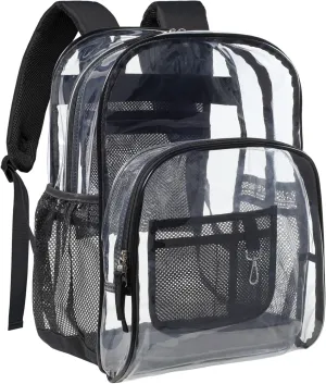 PACKISM Clear Backpack - 17 inch Large Clear Backpacks for School, Heavy Duty Clear Bookbag for Student Boys and Girls, Transparent PVC See Through Backpack for College Work, Black (for age 12 above)