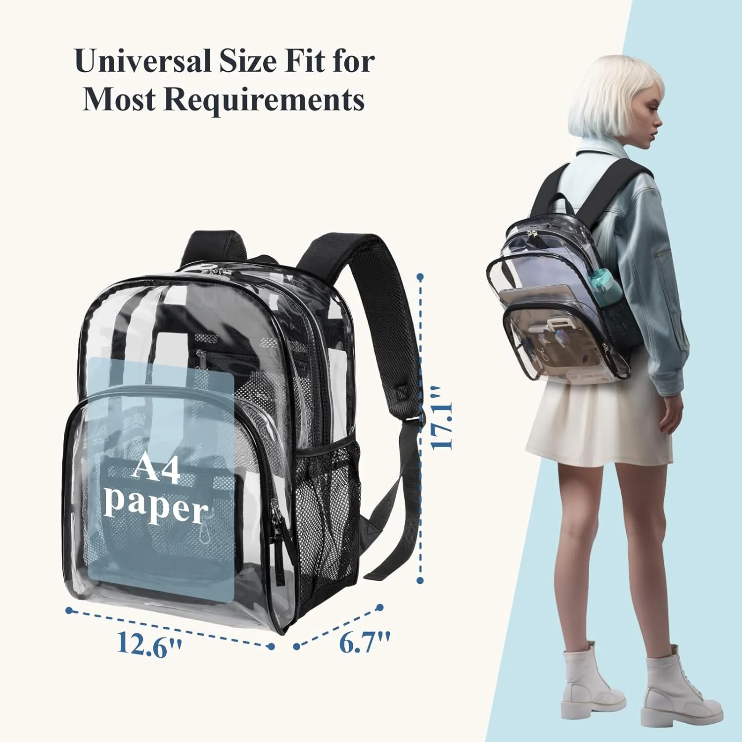PACKISM Clear Backpack - 17 inch Large Clear Backpacks for School, Heavy Duty Clear Bookbag for Student Boys and Girls, Transparent PVC See Through Backpack for College Work, Black (for age 12 above)