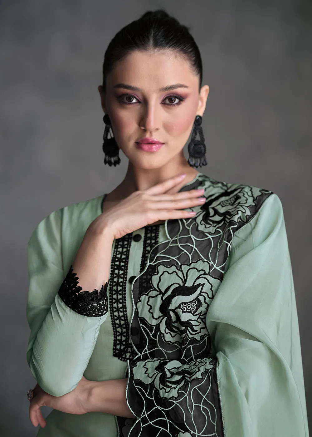 Pure Organza Green Designer Pant Style Suit