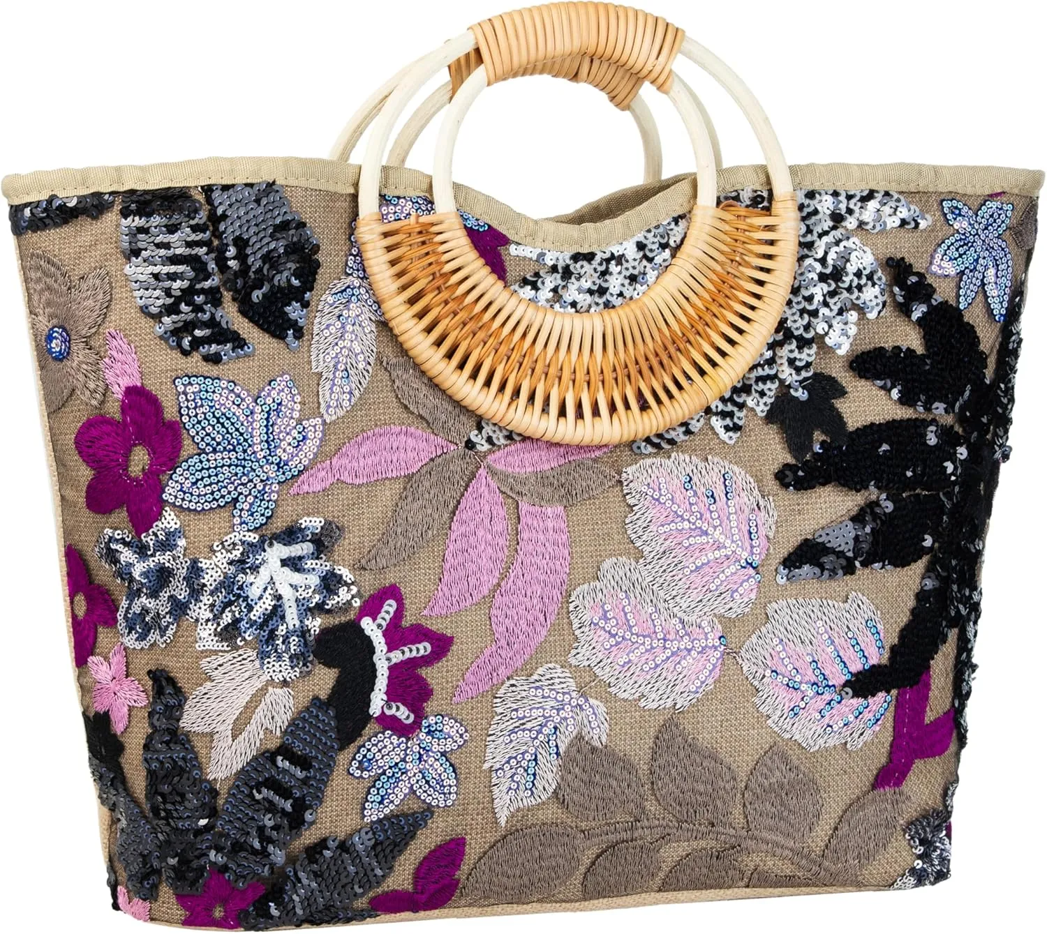 Rattan Wood Handle Sequin Embroidered Floral Beach Bag Tote for Vacation and Wedding Party