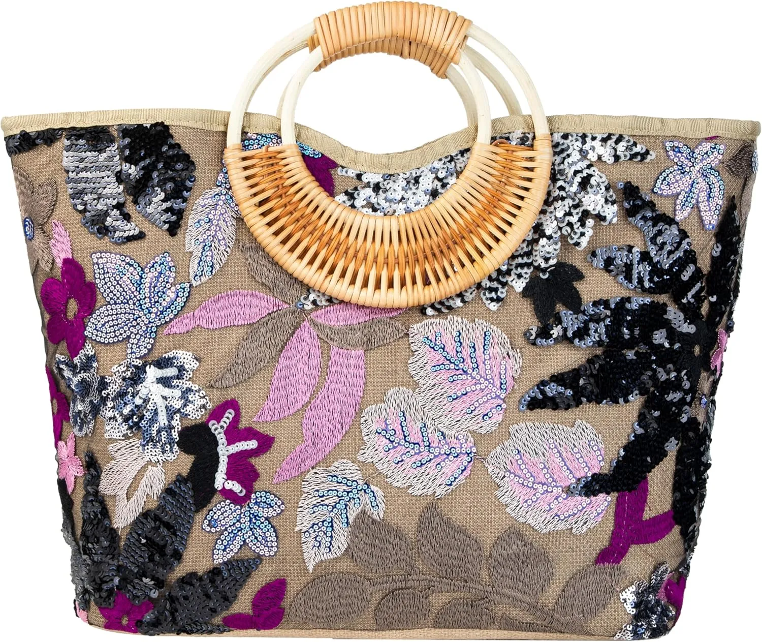 Rattan Wood Handle Sequin Embroidered Floral Beach Bag Tote for Vacation and Wedding Party