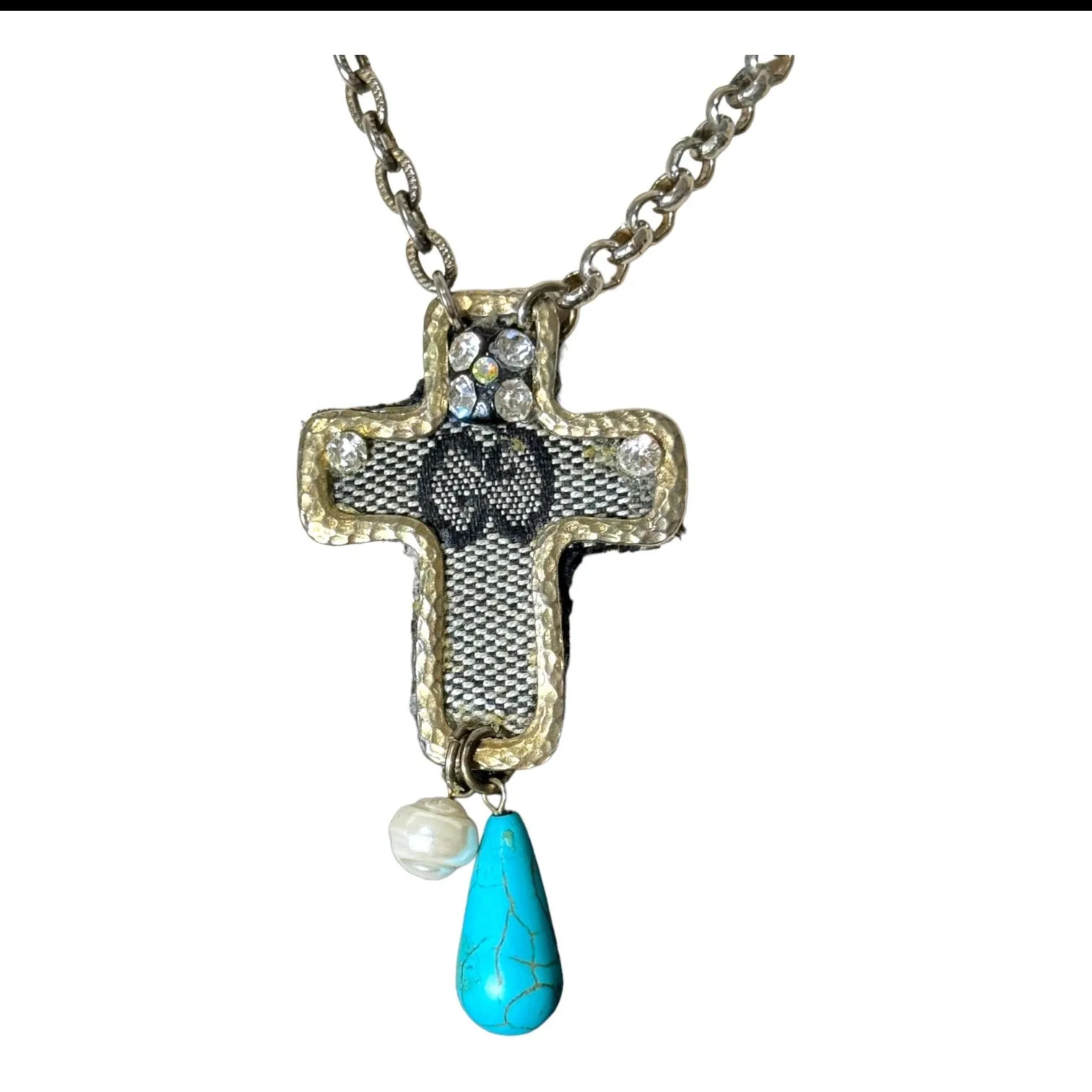 Reworked Vintage Bag Cross Pendant With Fragments of Vintage Jewelry Necklace
