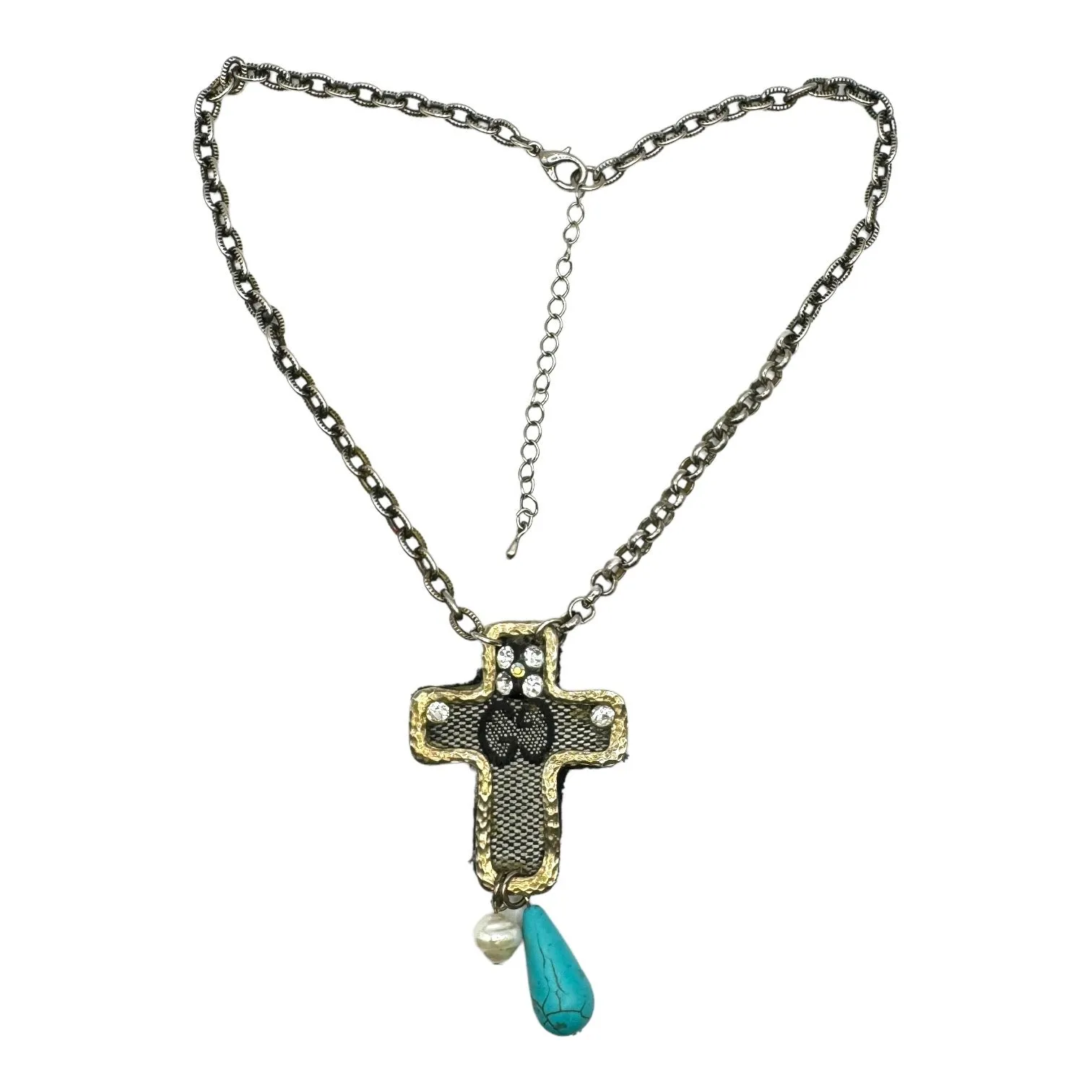 Reworked Vintage Bag Cross Pendant With Fragments of Vintage Jewelry Necklace