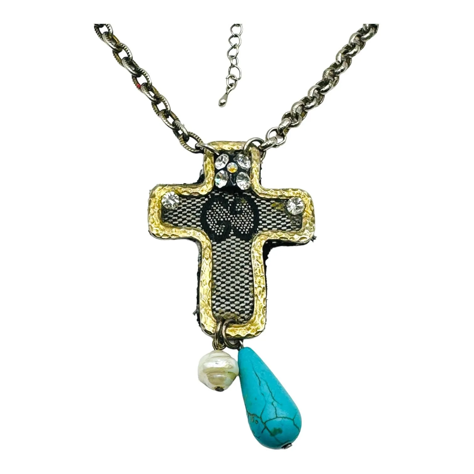 Reworked Vintage Bag Cross Pendant With Fragments of Vintage Jewelry Necklace