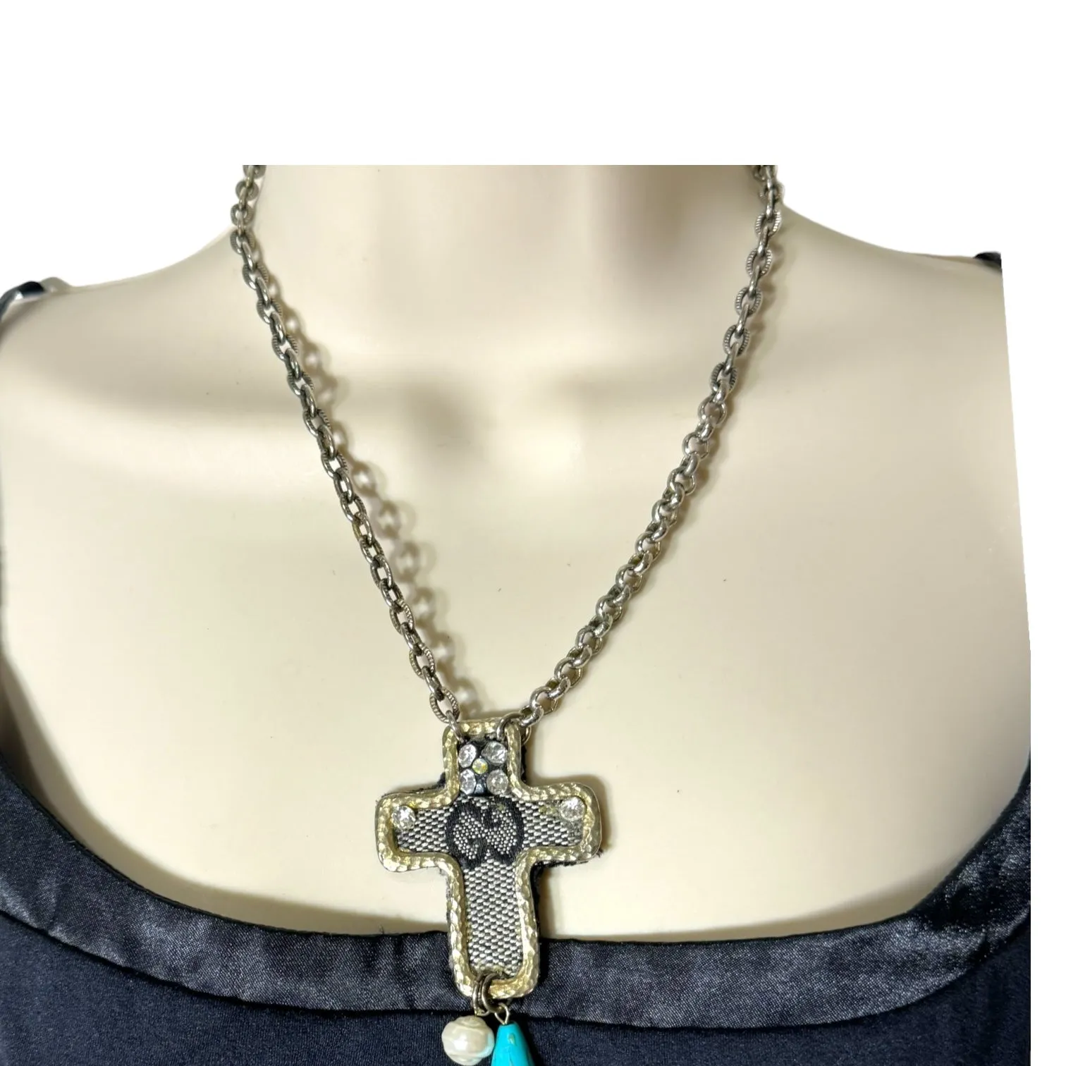 Reworked Vintage Bag Cross Pendant With Fragments of Vintage Jewelry Necklace