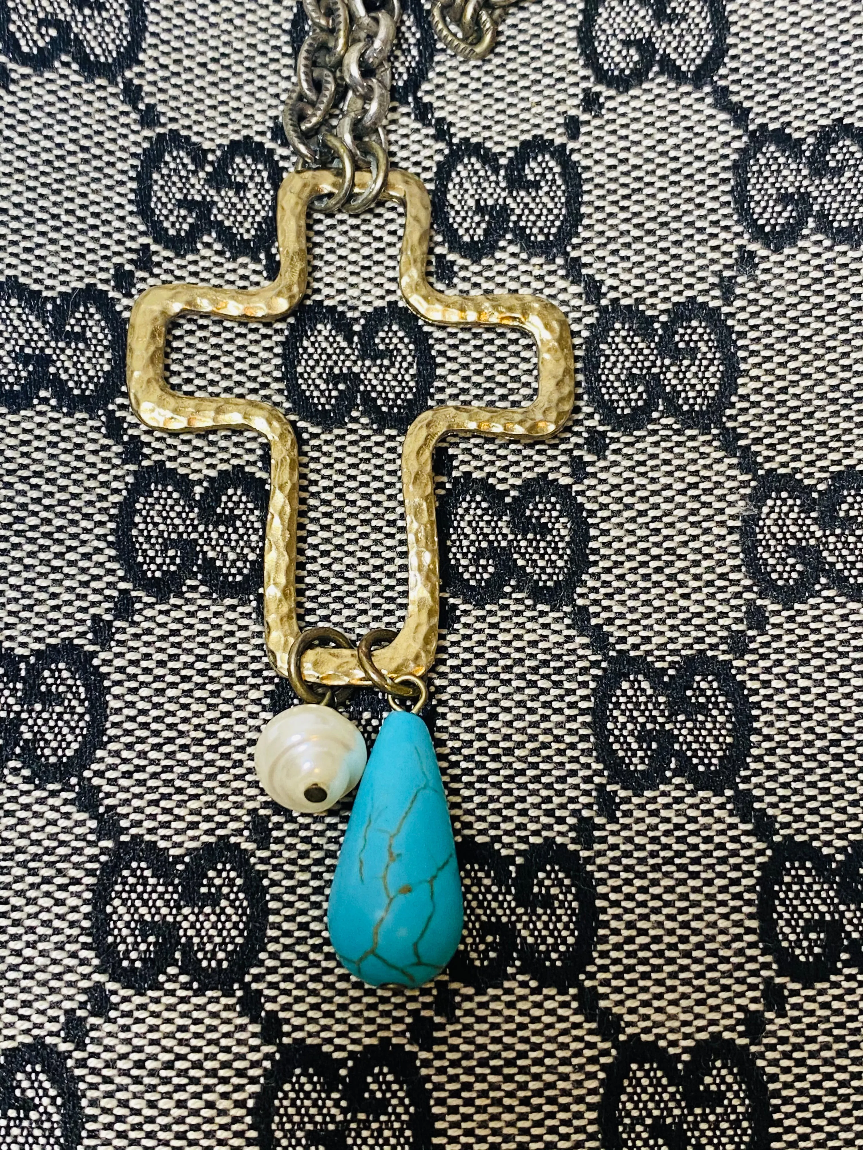 Reworked Vintage Bag Cross Pendant With Fragments of Vintage Jewelry Necklace