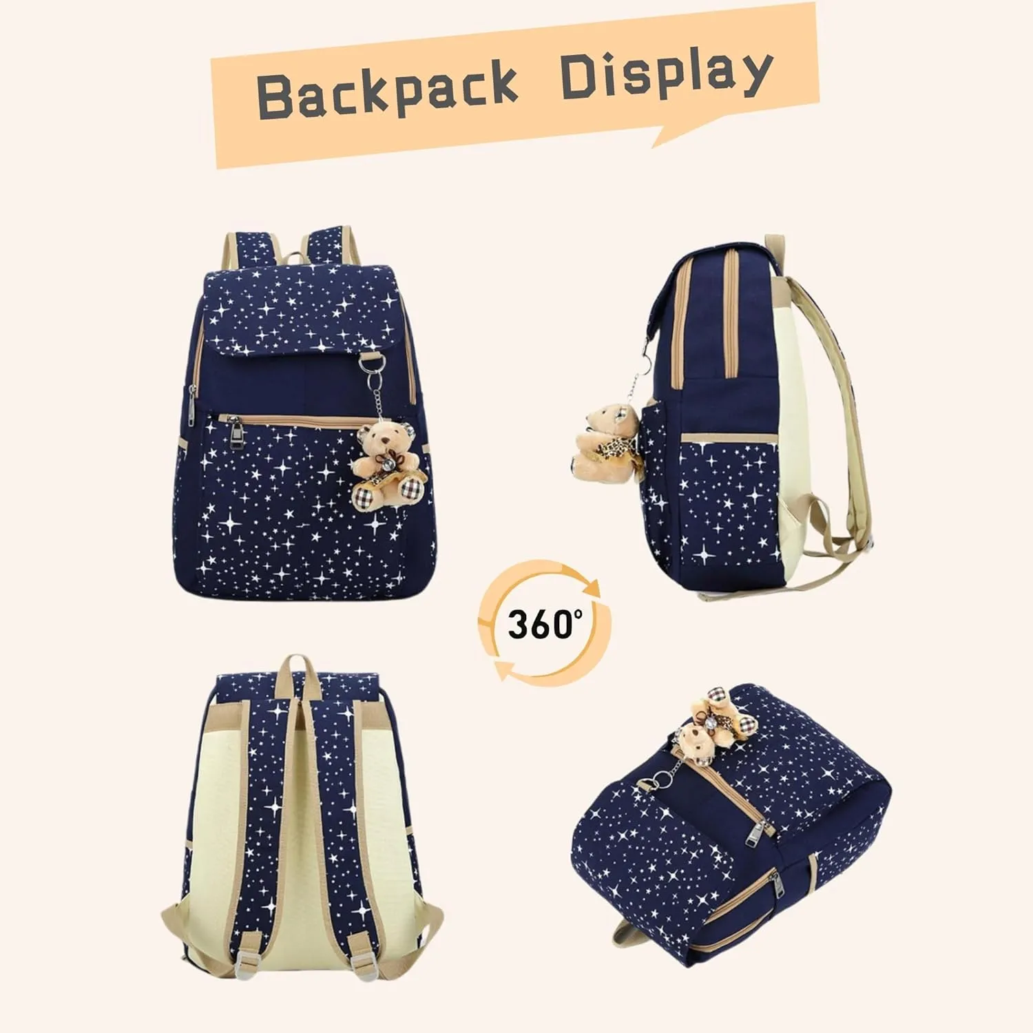 Star Print Girls Black Backpacks Set for School, School Bags Backpack Bookbags for Teenage Girls, with Crossbody Bag, 3 Pieces