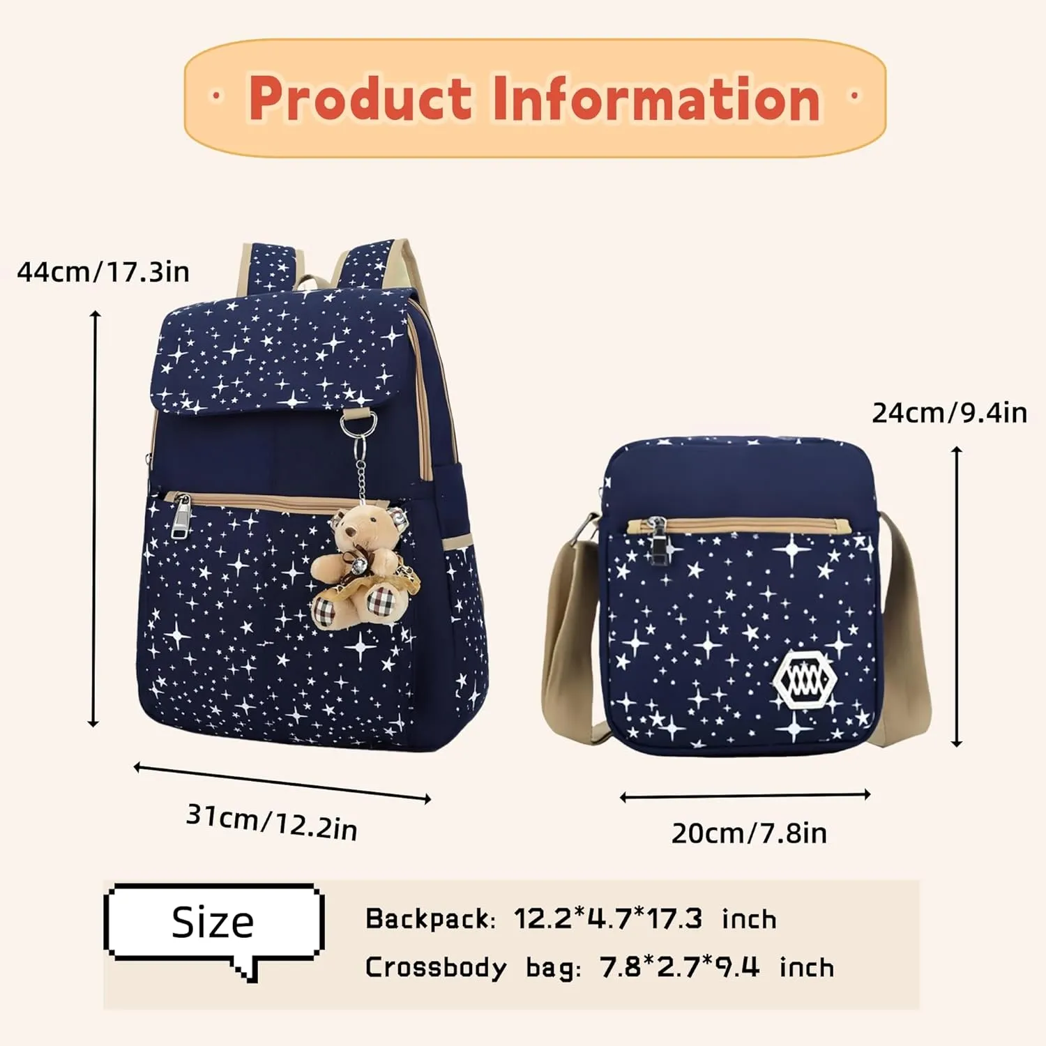 Star Print Girls Black Backpacks Set for School, School Bags Backpack Bookbags for Teenage Girls, with Crossbody Bag, 3 Pieces