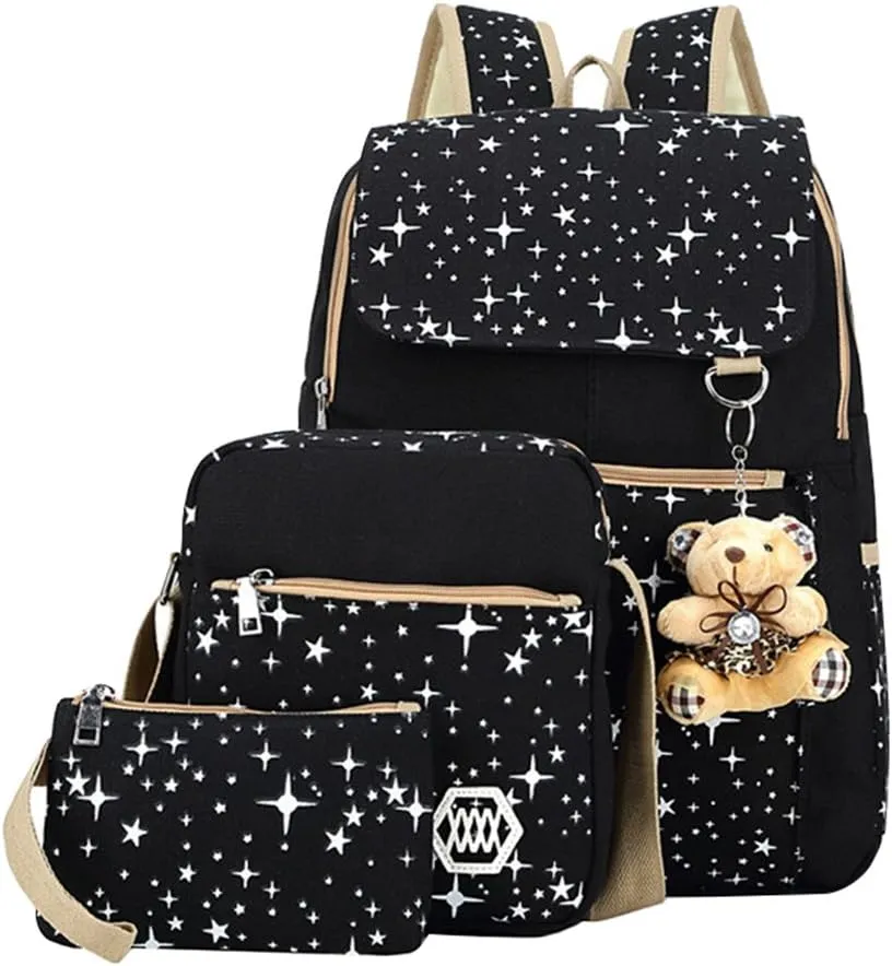 Star Print Girls Black Backpacks Set for School, School Bags Backpack Bookbags for Teenage Girls, with Crossbody Bag, 3 Pieces