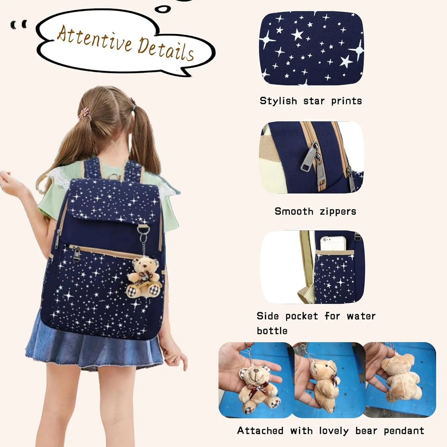 Star Print Girls Black Backpacks Set for School, School Bags Backpack Bookbags for Teenage Girls, with Crossbody Bag, 3 Pieces
