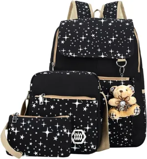 Star Print Girls Black Backpacks Set for School, School Bags Backpack Bookbags for Teenage Girls, with Crossbody Bag, 3 Pieces